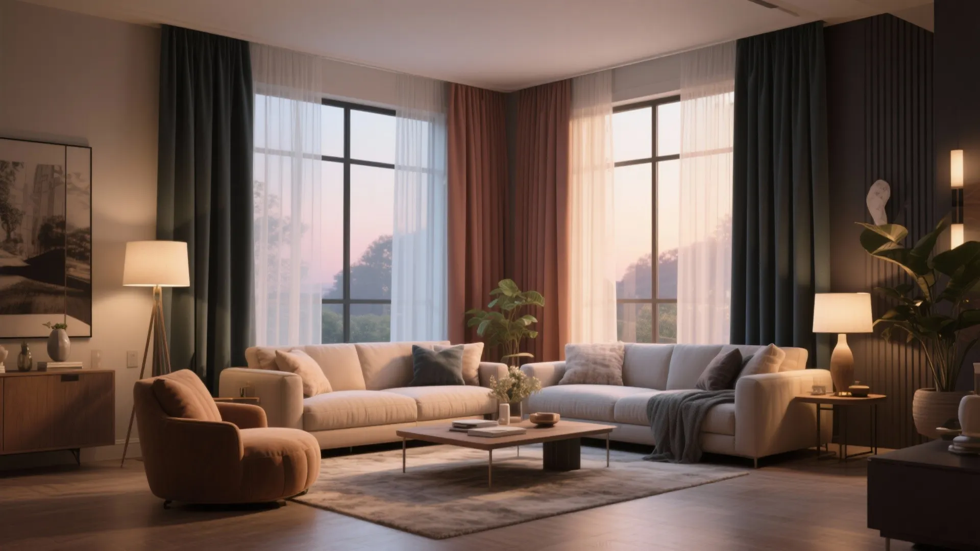 Elegant living room with double layer curtains white sofas wooden coffee table and warm floor lamps