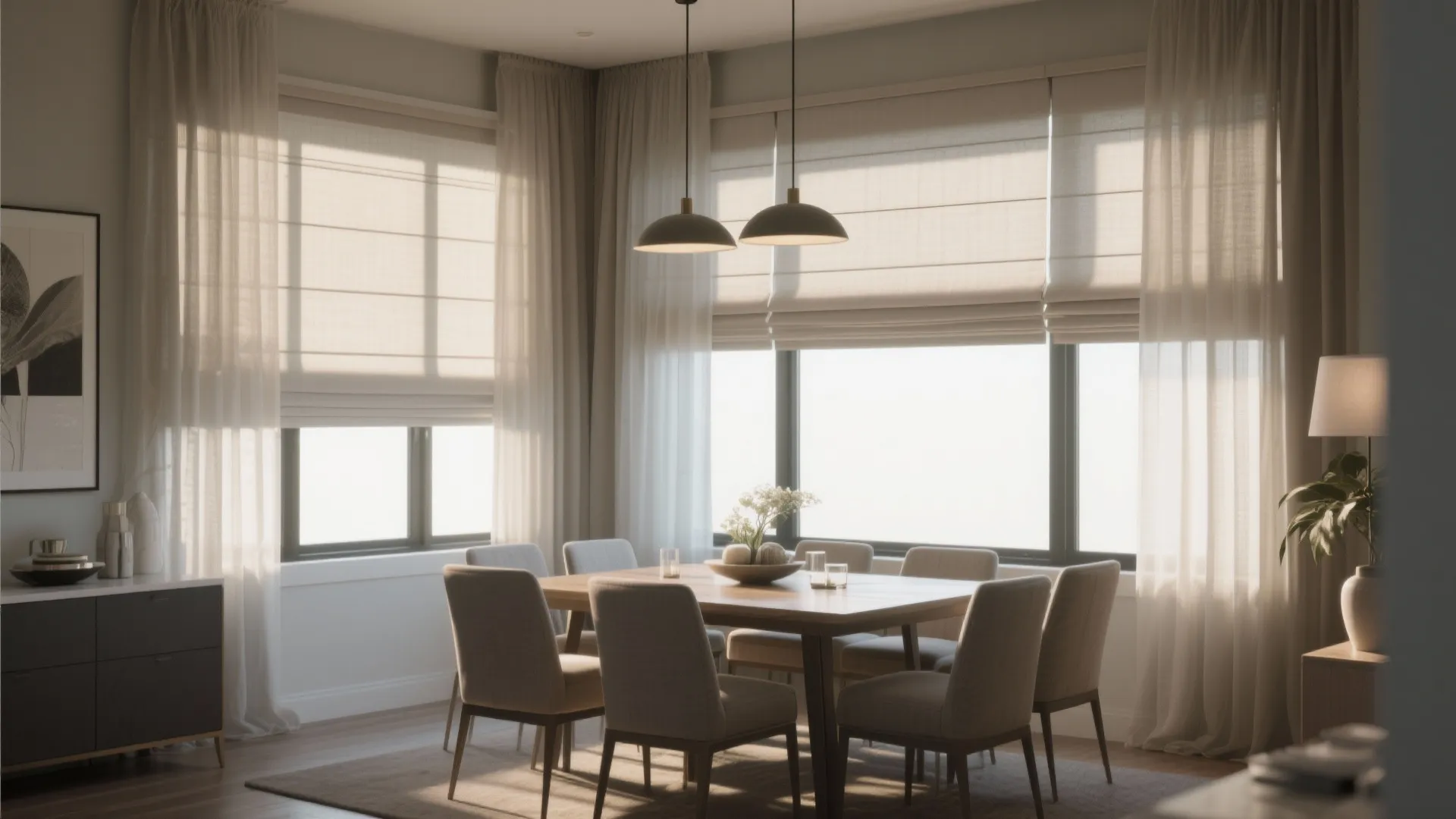 Contemporary dining area showing neutral window blinds paired with sheer curtains and wooden dining table furniture
