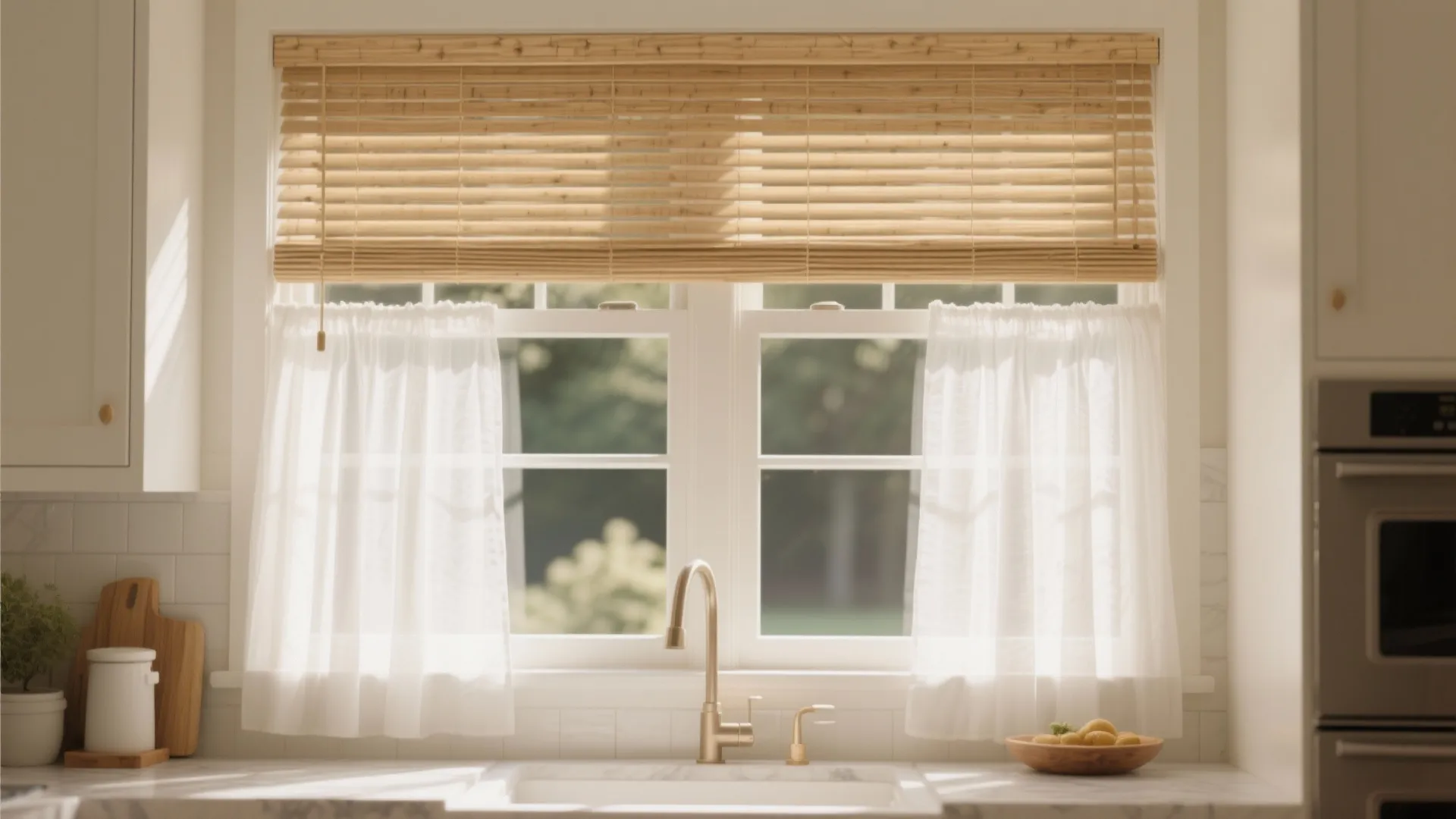 Kitchen window with bamboo blinds white cafe curtains brass faucet sink and white tiled wall design