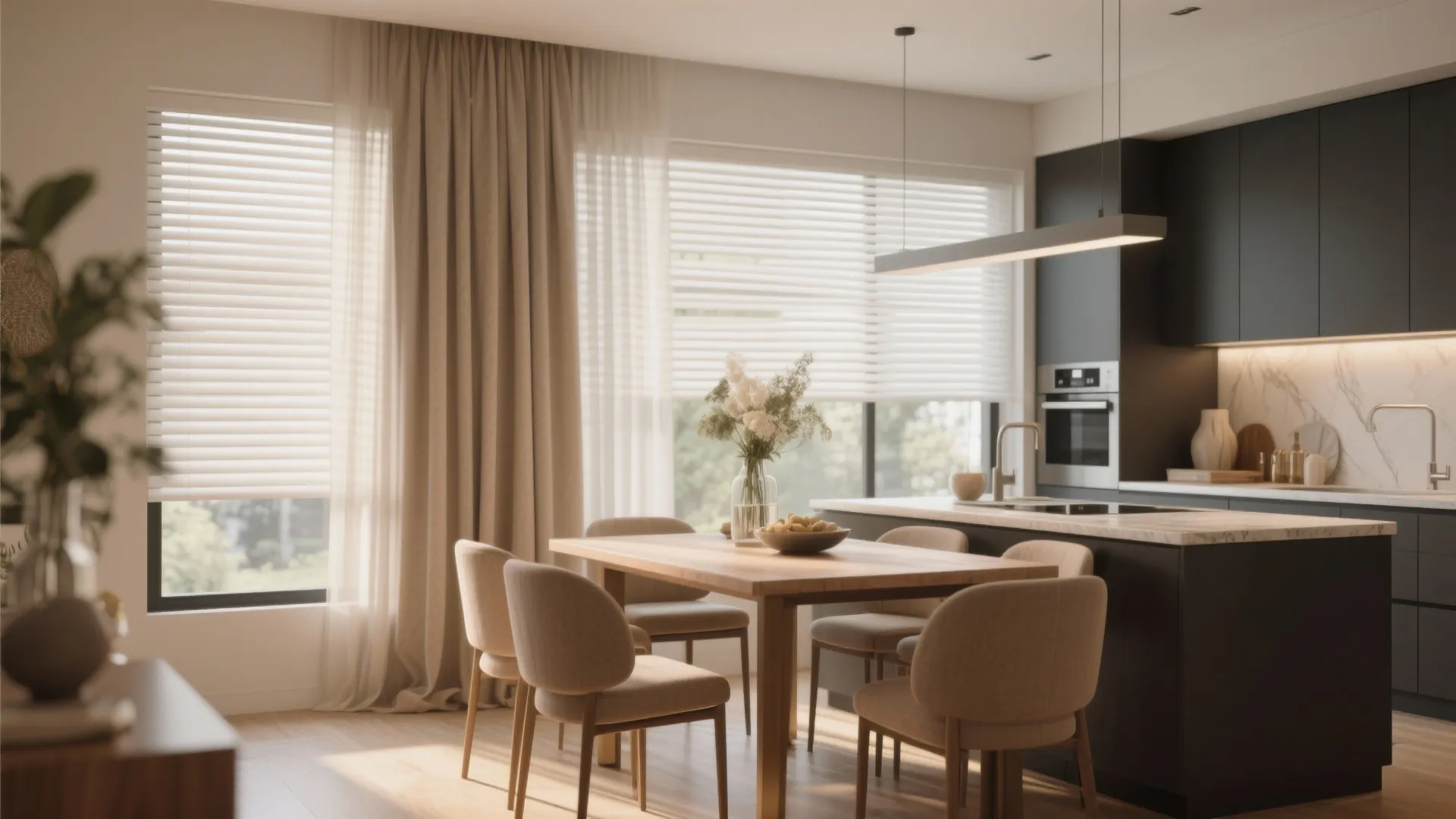 Kitchen-dining space with blinds and soft drapes