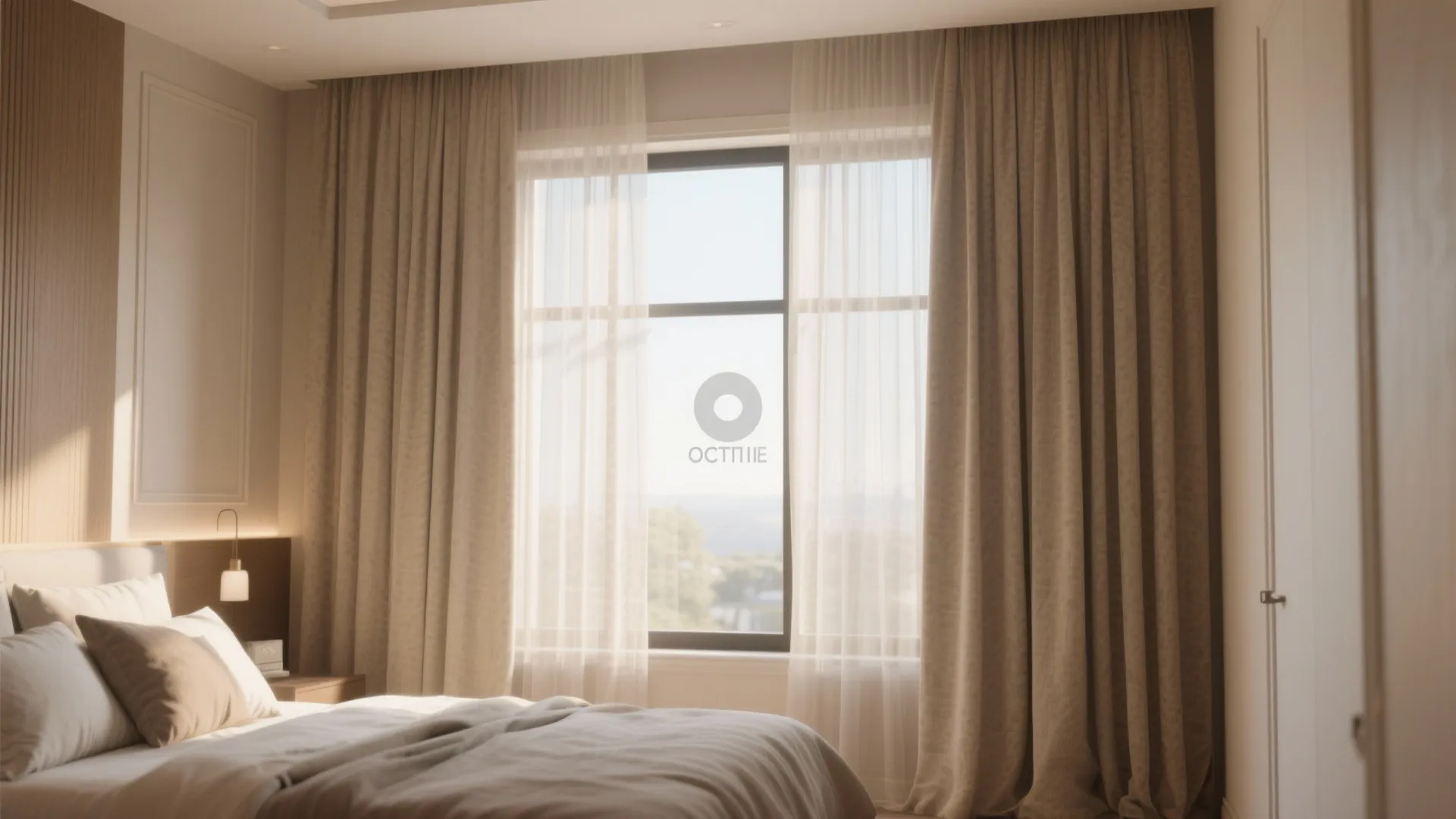 Bedroom window with layered sheer and solid beige curtains natural light bed and wall light