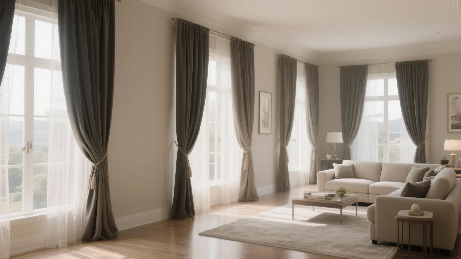 Bright living room featuring brown curtains over white sheers, cream sofa, rug, and wooden coffee table