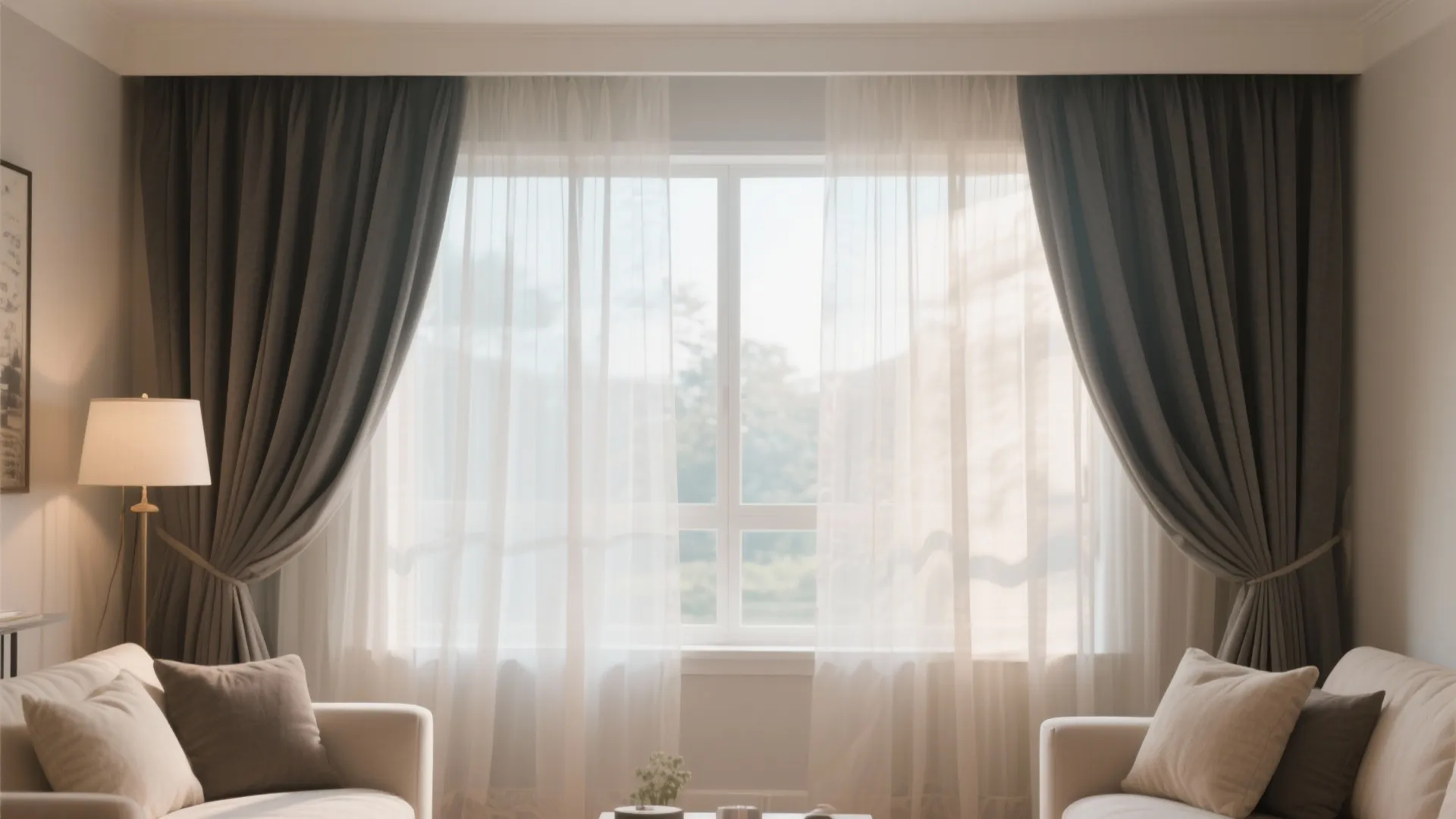 Living room window with layered white sheer curtains and grey heavy fabric curtains beside sofas