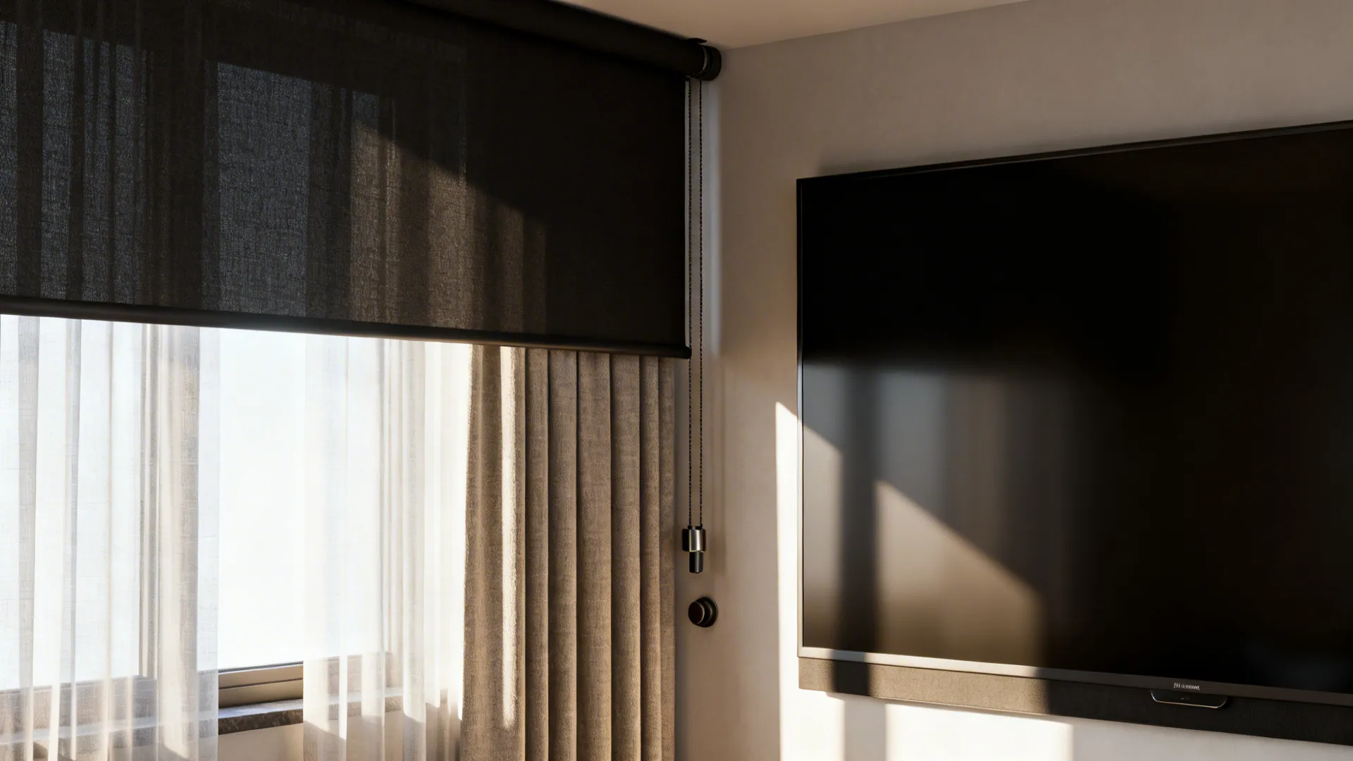 Blackout roller shade and sheer curtains beside a large TV to control glare