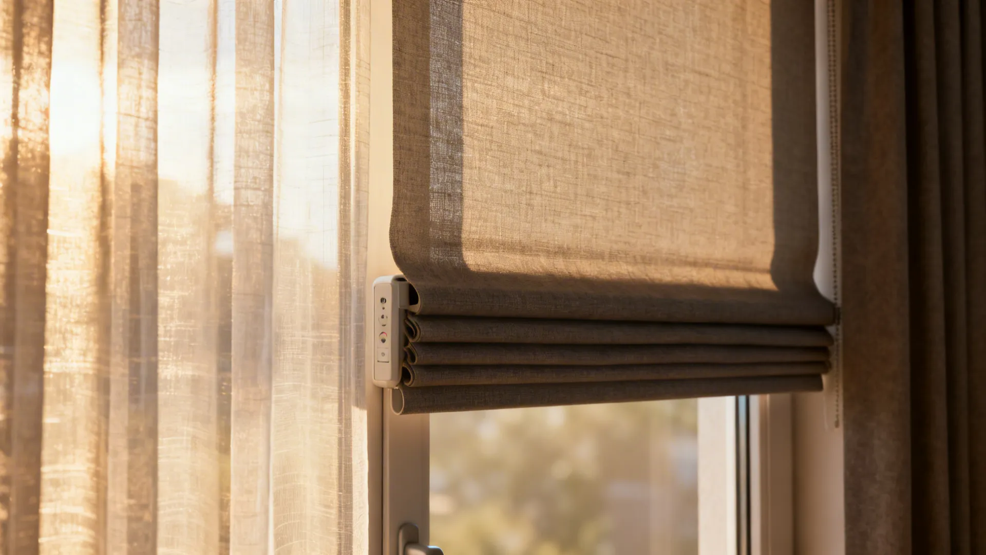 Layered sheer and blackout window treatments for glare control on a TV wall