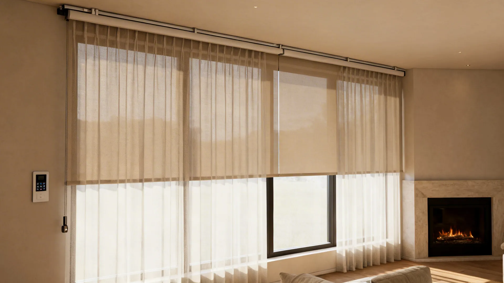 Sheer panels and motorized blackout curtains beside a fireplace with concealed track