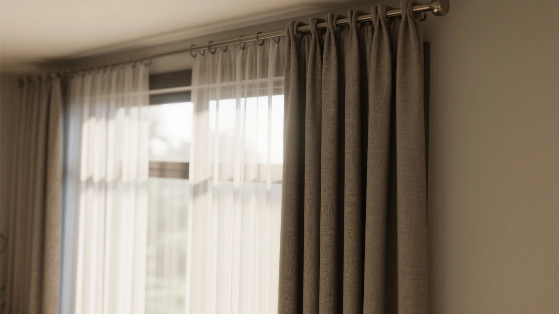 Sheer curtains layered with blackout panels filtering soft daylight in a living space