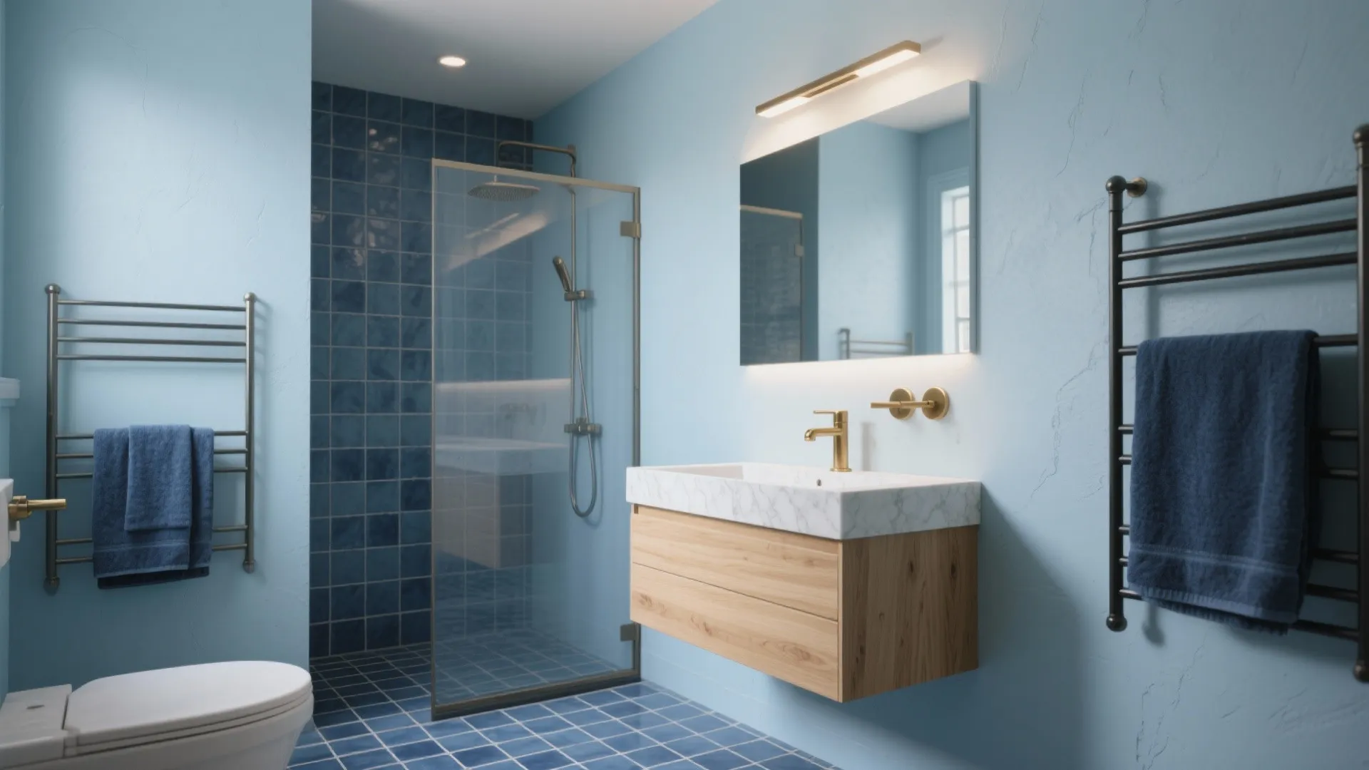 Layered Blues With Warm Woods