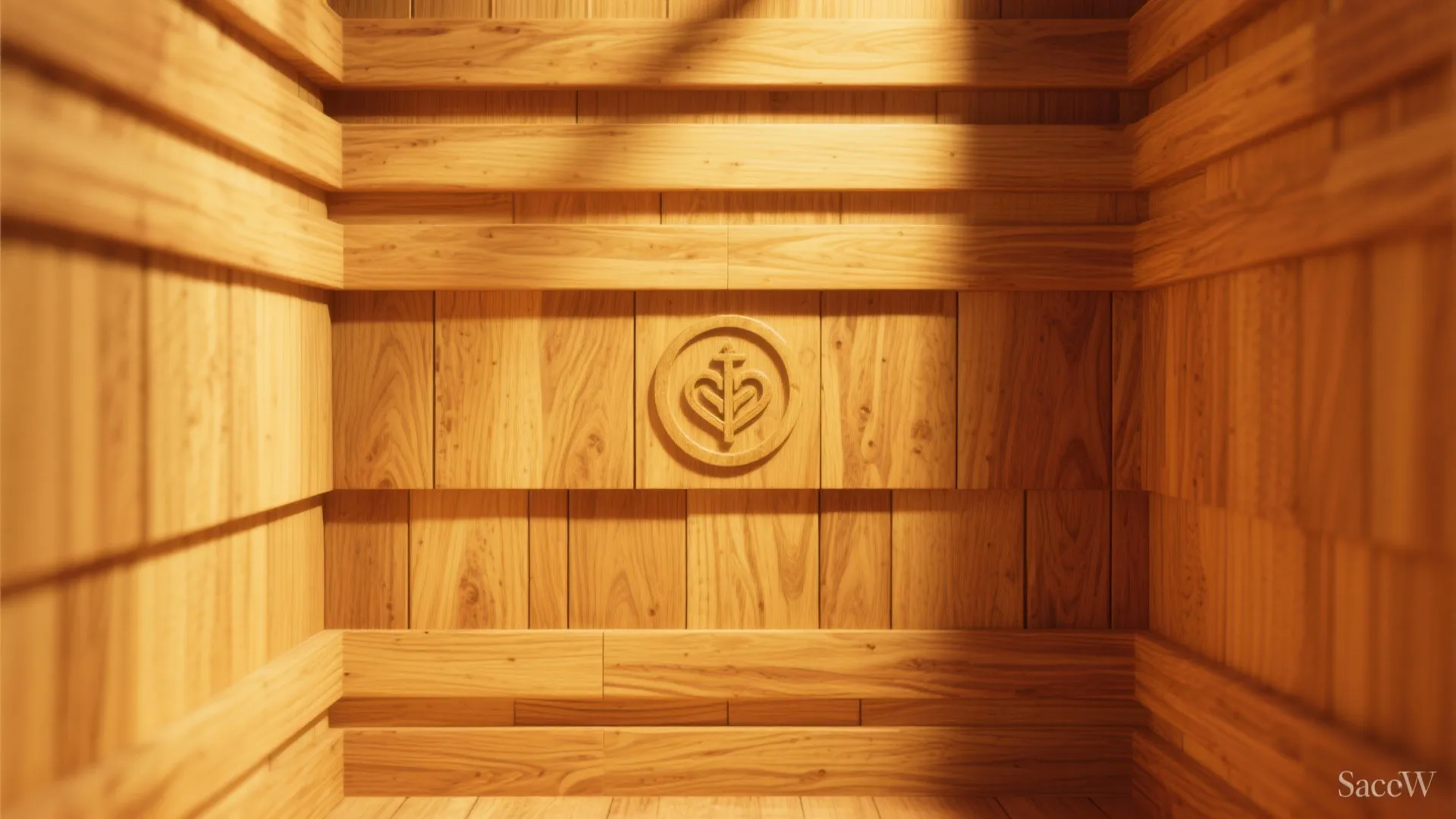 Round religious symbol carved into a wall panel made of light colored natural wood boards