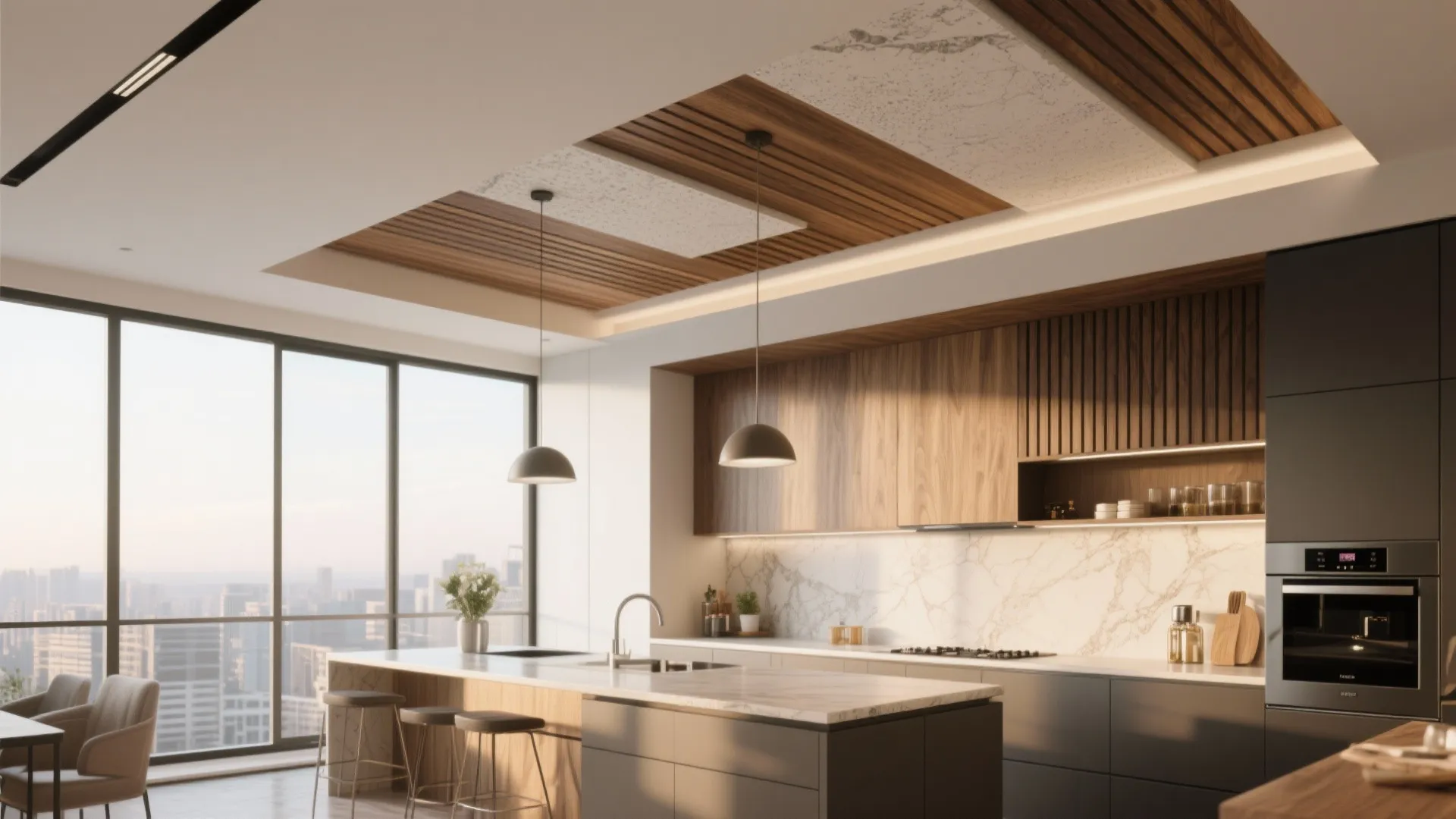 Layered False Ceiling with Mixed Materials