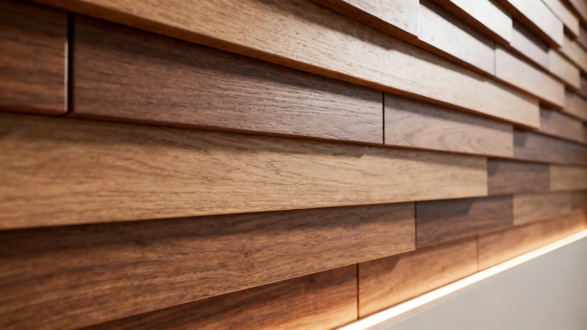 Close-up of staggered wooden panels creating textured depth on an accent wall.