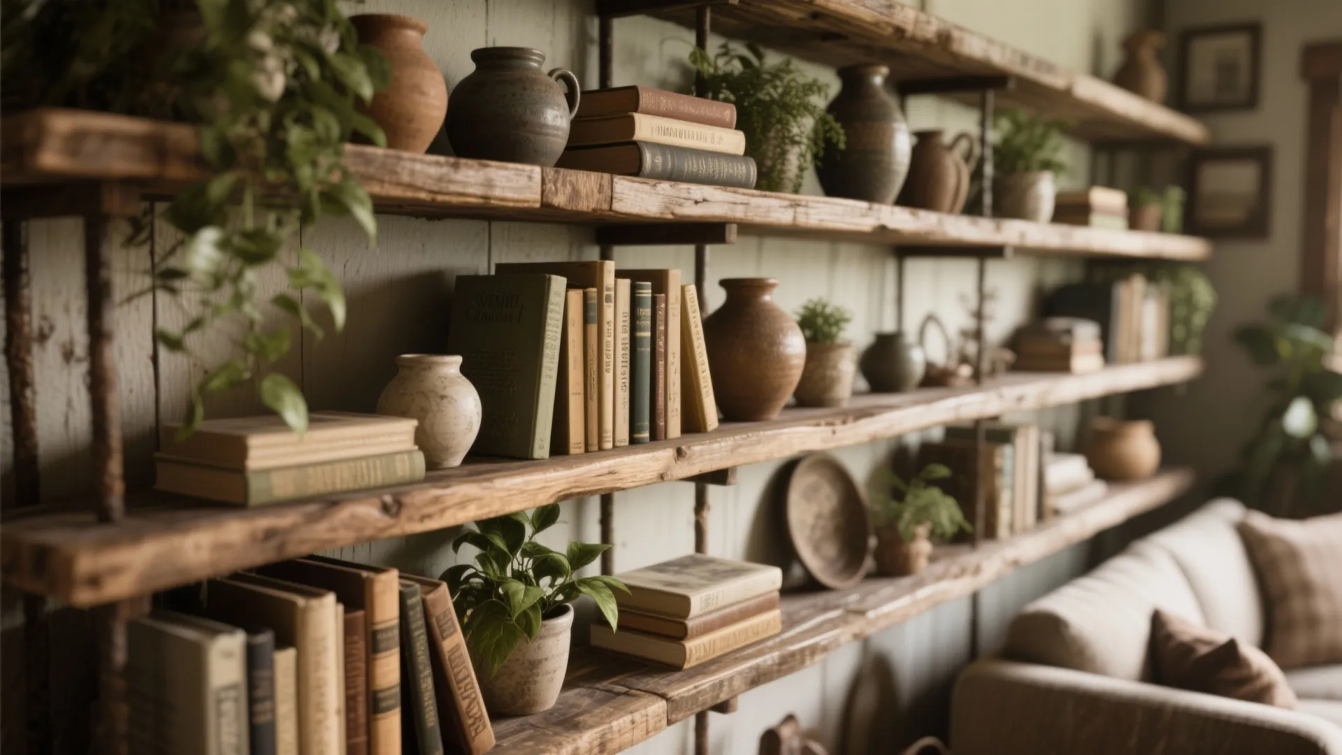 Long rustic wooden shelves filled with many old books ceramic vases and small green plants