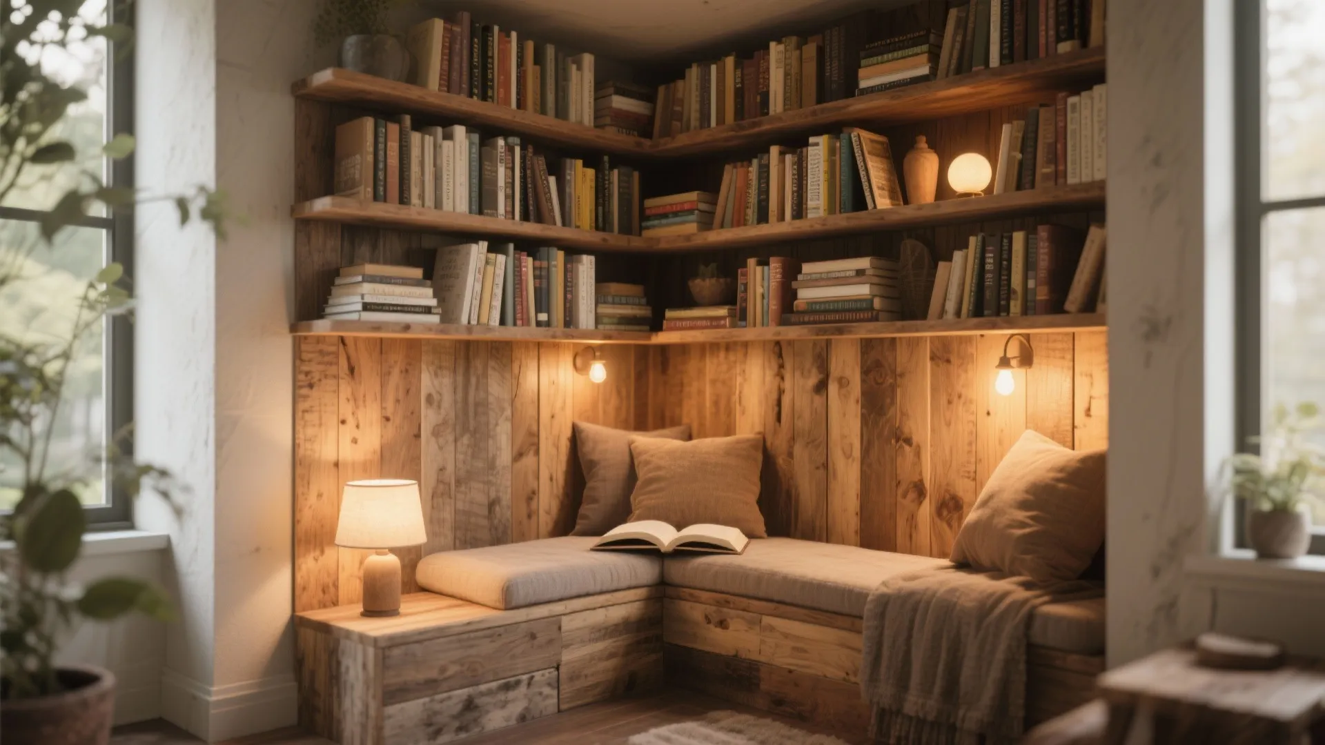 Cozy reading nook featuring wooden wall panels, L-shaped seating bench, many bookshelves, and warm lamps