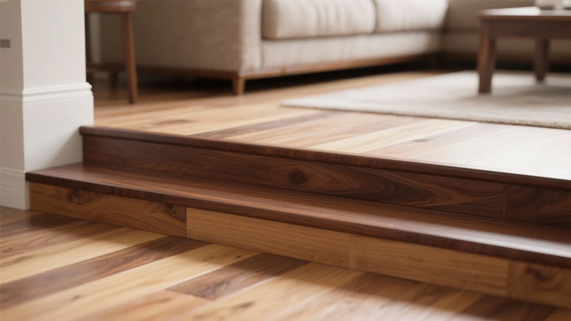 Close up of layered wood floor steps in a modern living room with cozy sofa