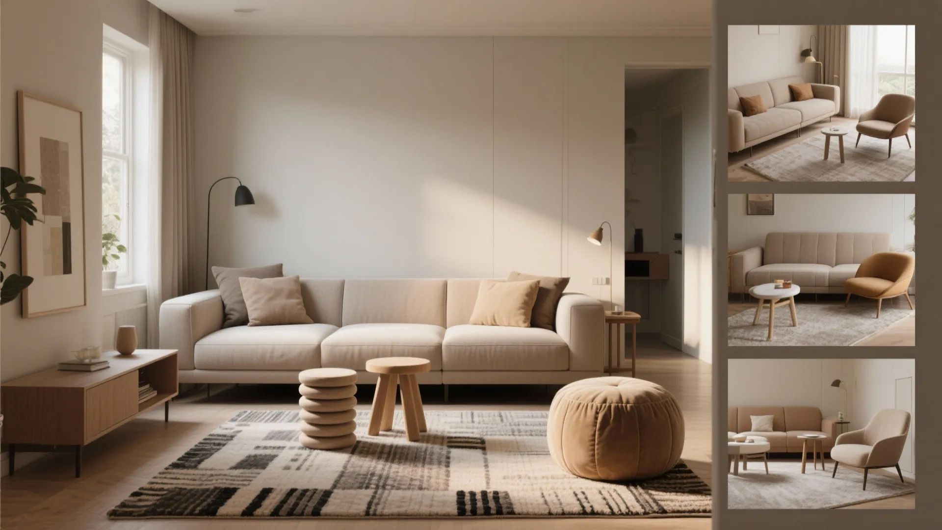 Living room interior design drawing showing a beige sofa, patterned rug, and multiple furniture options
