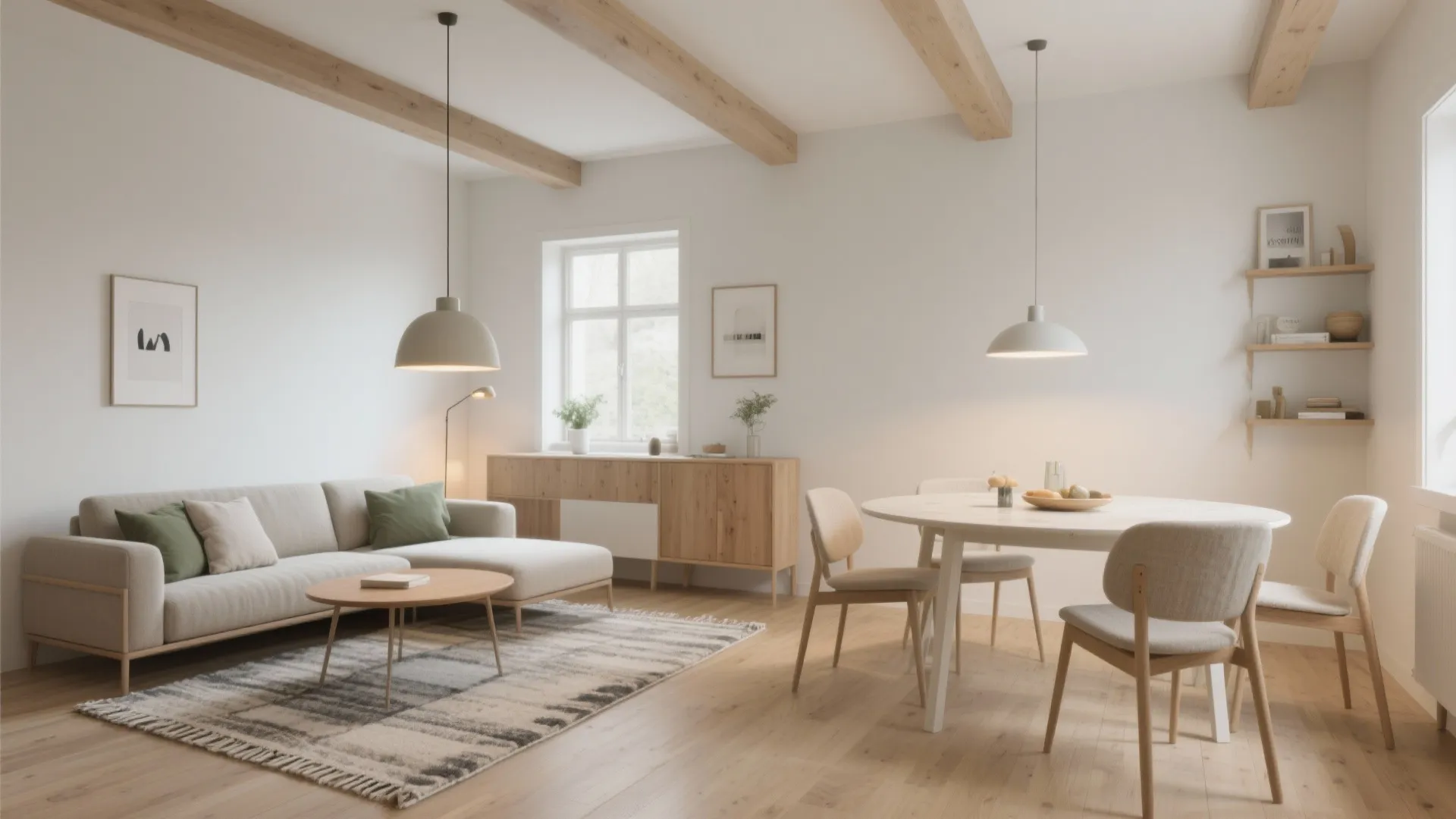 Layered zoning with rugs, lighting, and ceiling lines