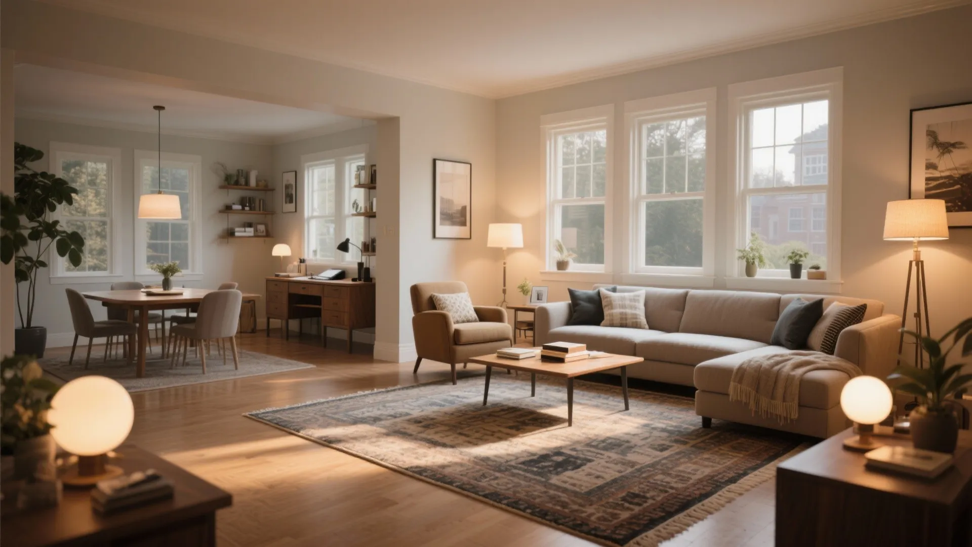 Spacious open living room with a grey sofa wooden floor large rug and multiple light fixtures