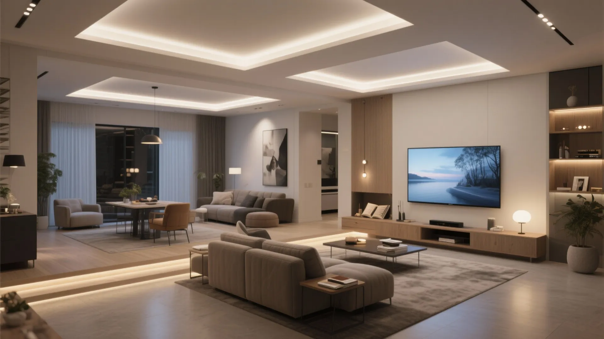 Modern open-plan living room with grey sofa wooden floor ceiling light and warm ambient lighting