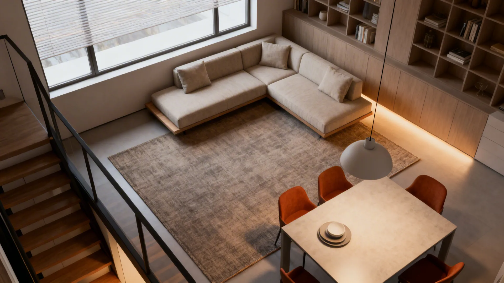 5. Layered zones with rugs and low-profile furniture