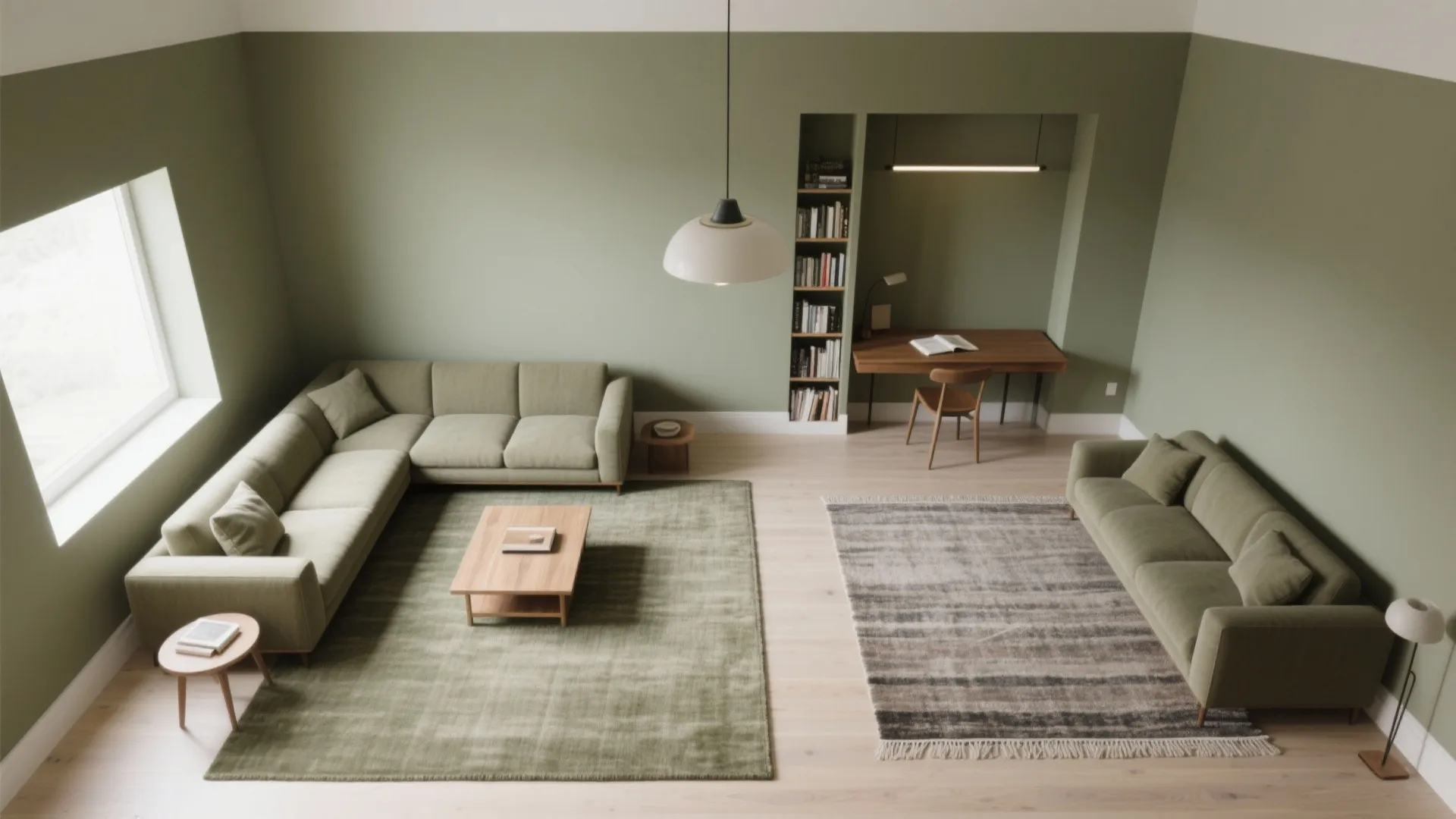 Top view of green living room with two sofas coffee table rugs and study desk