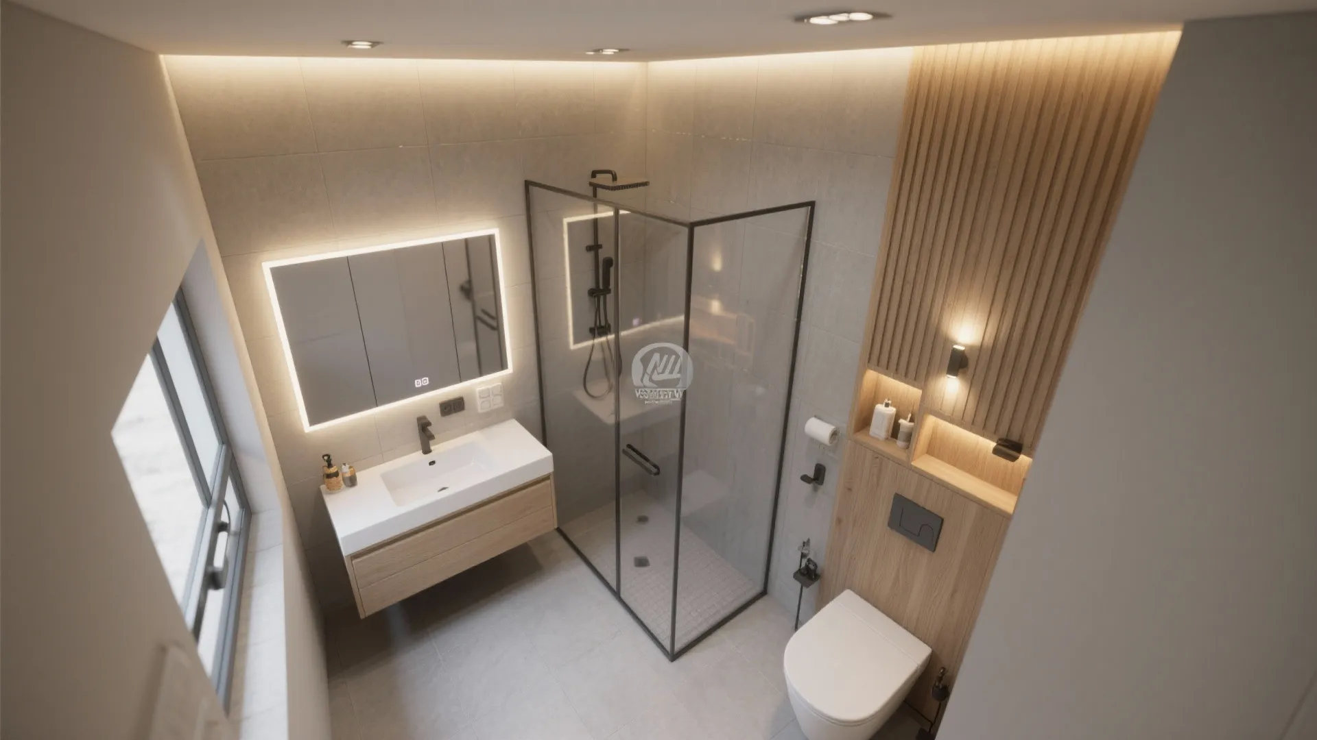 Small bathroom layout with glass shower cabinet wood wall panel toilet and mirror with light