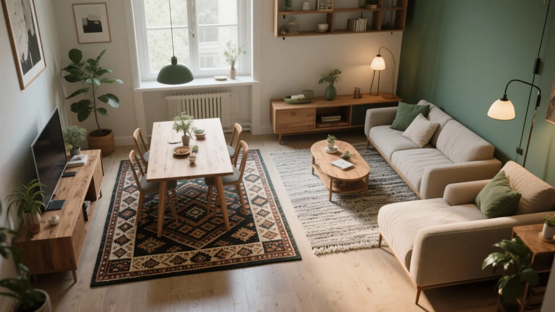 1. Layered zoning with rugs and lighting