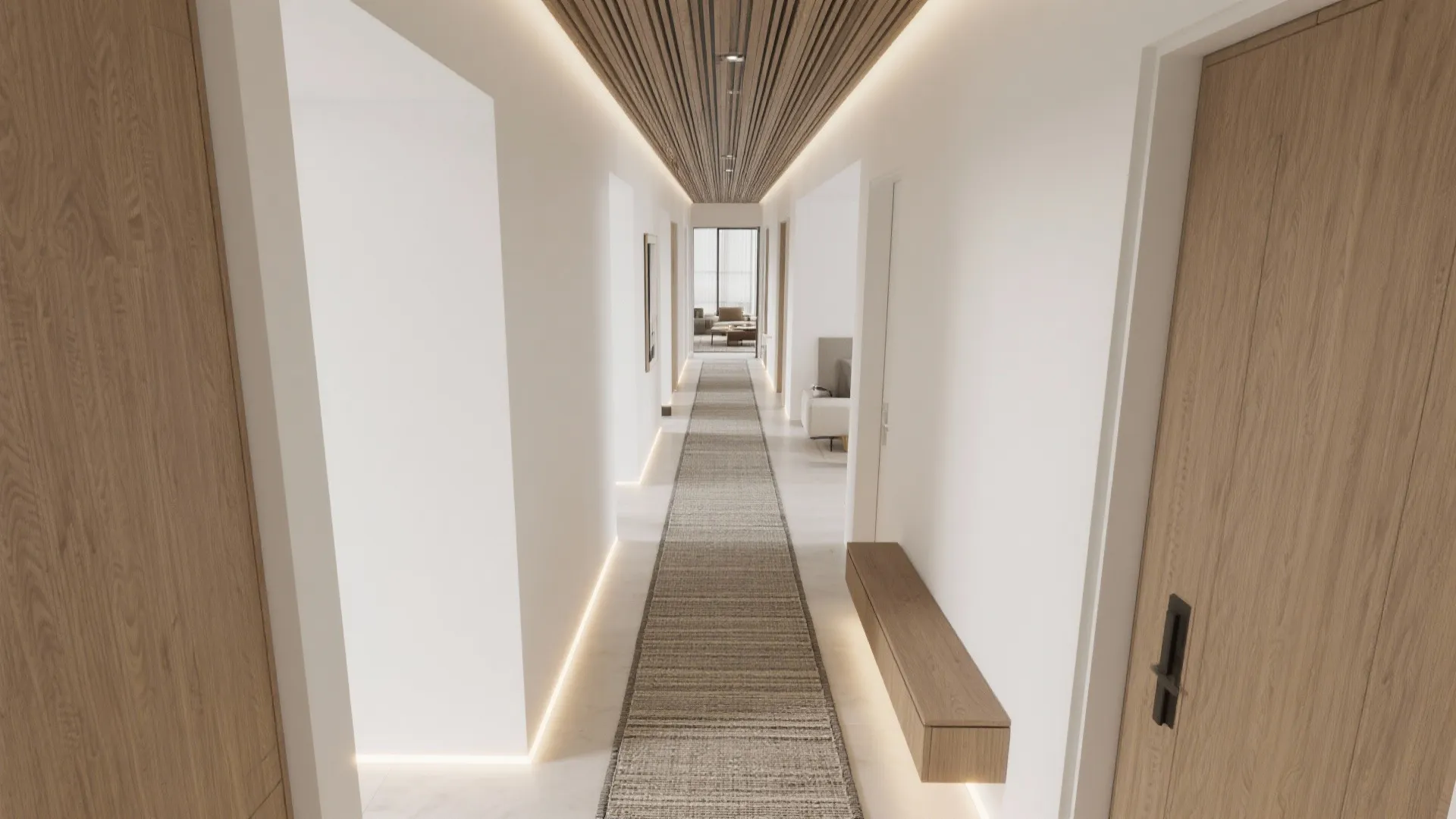 Long white hallway with wooden ceiling panels long floor rug and hidden light fixture strip