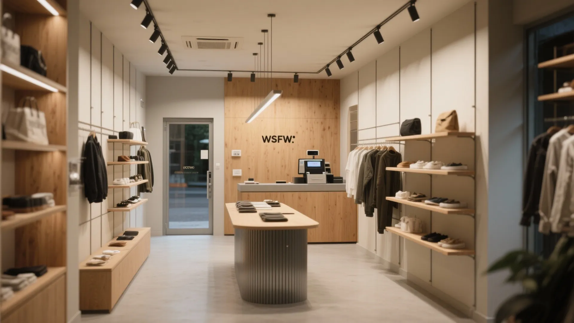 Small shop interior showing layered micro-zones: display wall, circulation spine, checkout, and a central merch island.