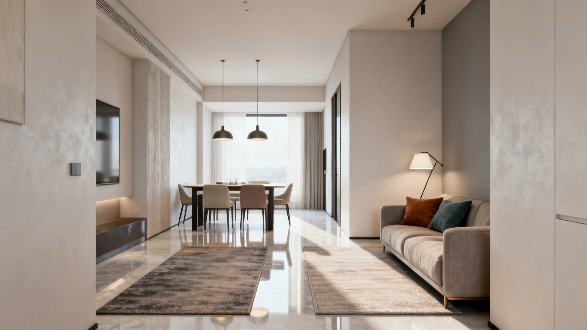 Modern living room with grey sofa, floor lamp, two rugs, dining table, and ceiling lights