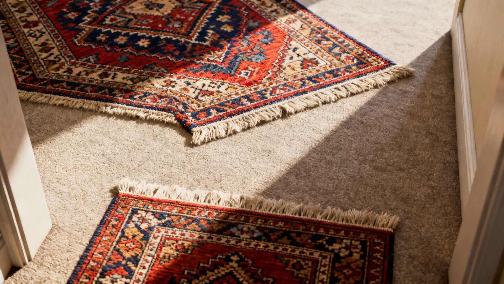 Layered rugs: a patterned 5x7 over a neutral 8x10 and a matching runner