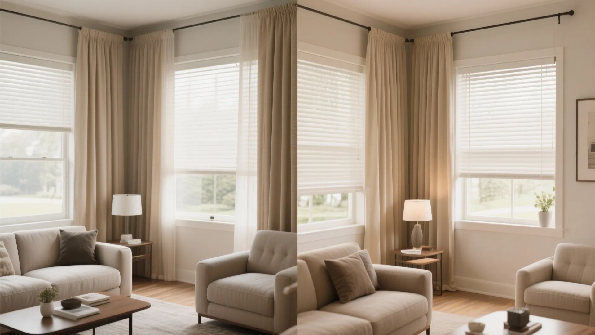 Side by side comparison showing different window curtain and blind combinations in a living room