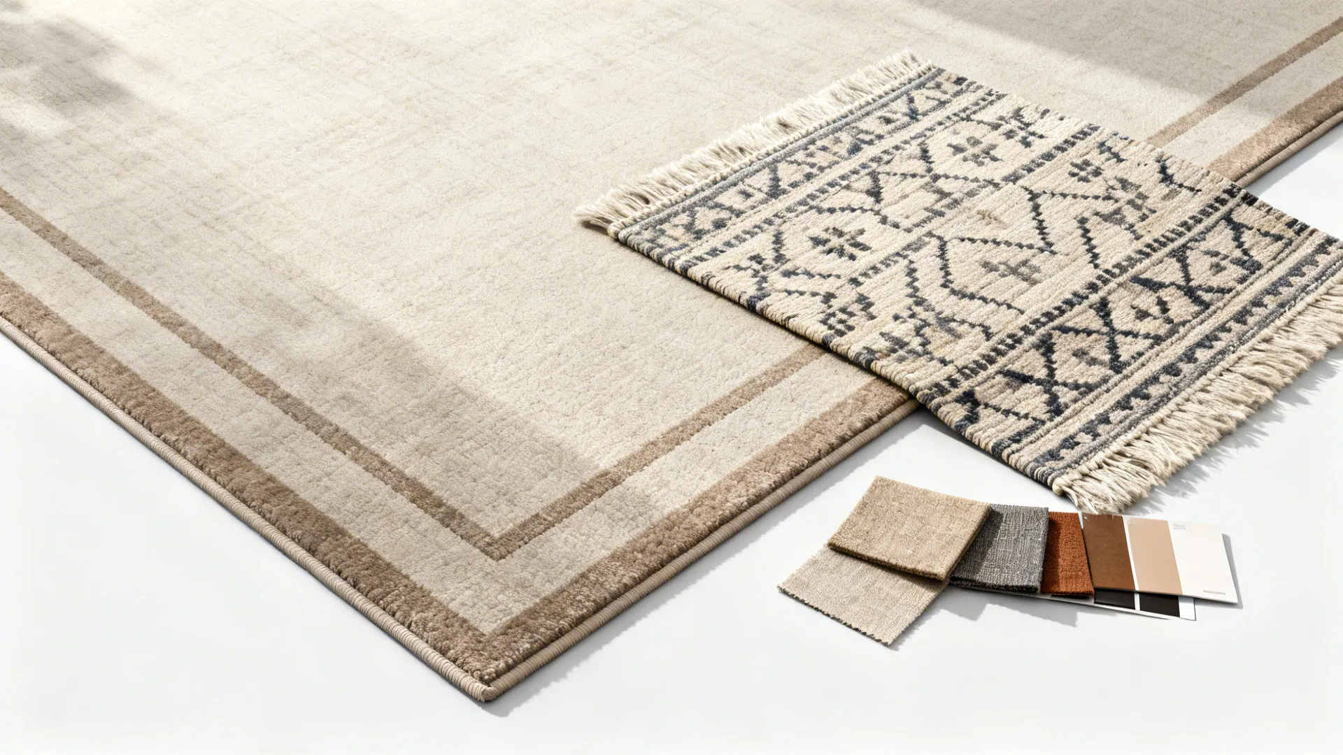 Top-down material flatlay of a large base rug with a smaller patterned rug layered on top