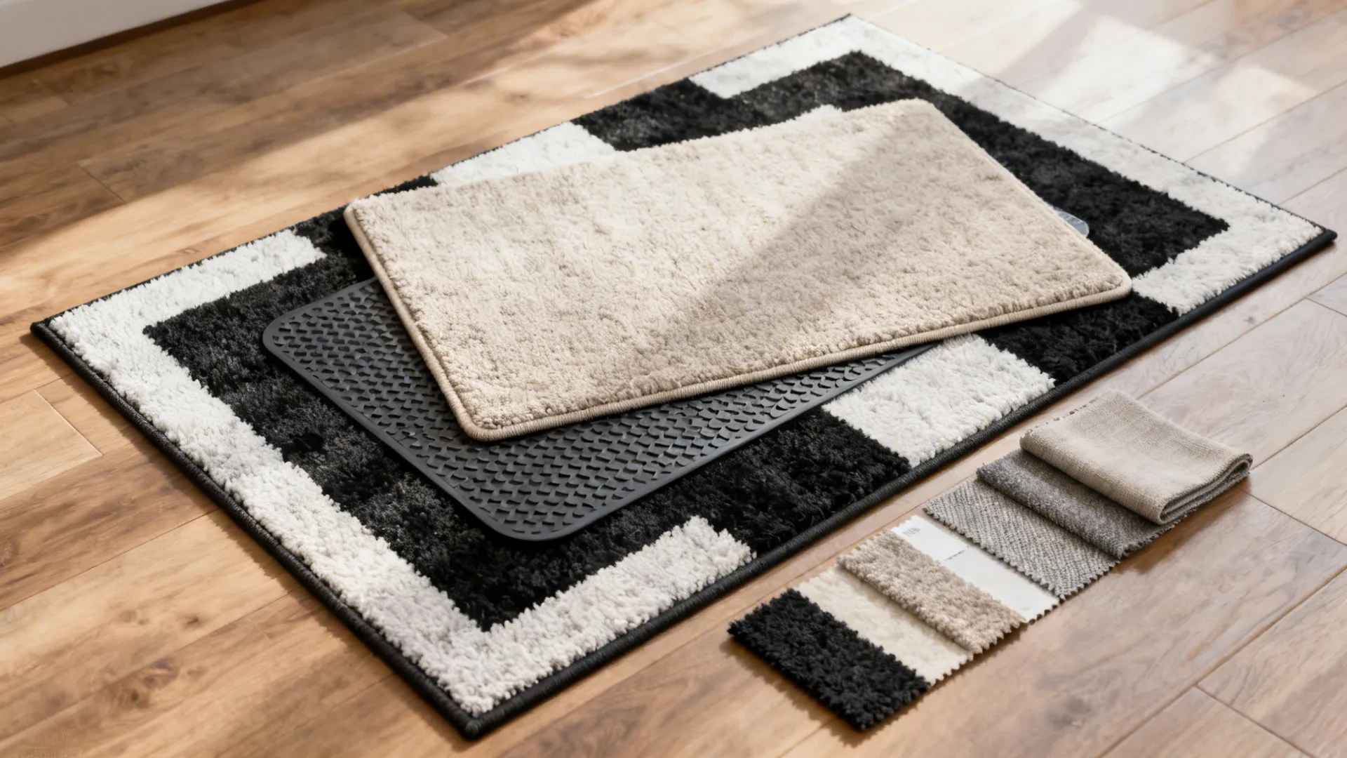 Top-down flatlay of rug layering materials: black-and-white base rug, neutral washable top rug, non-slip pad, fabric swatches.