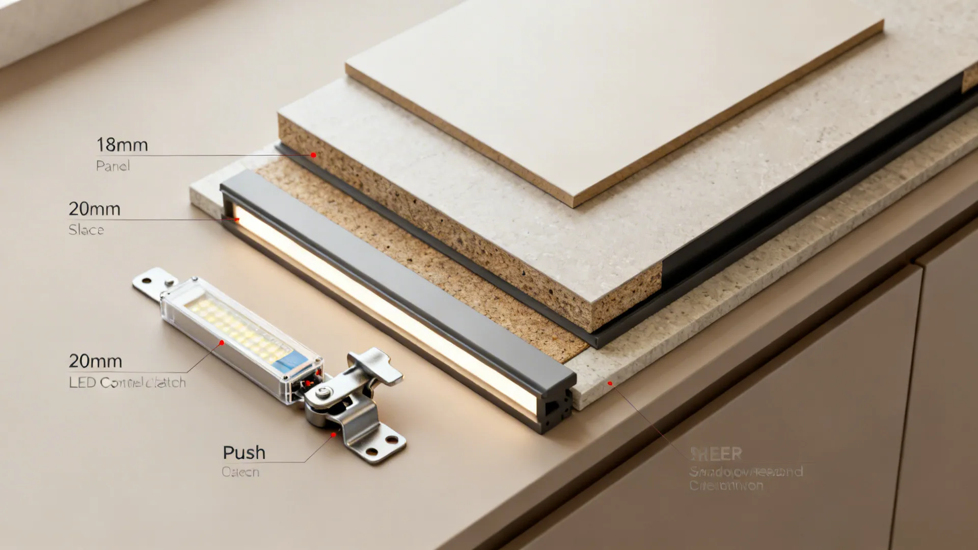 Flat lay of cabinet panel, countertop section, reveal trim, hardware, and LED driver.
