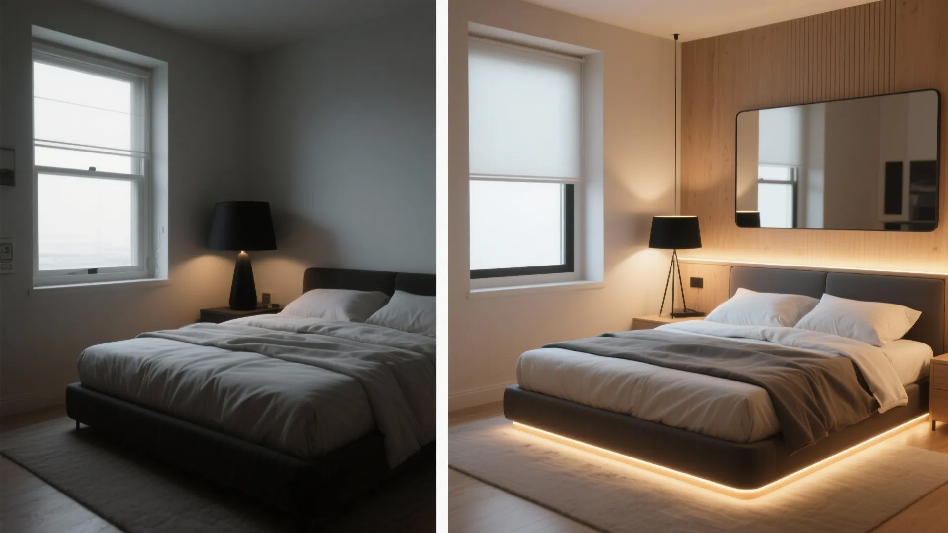 Before and after comparison of a bedroom showing simple lighting versus layered warm ambient lighting