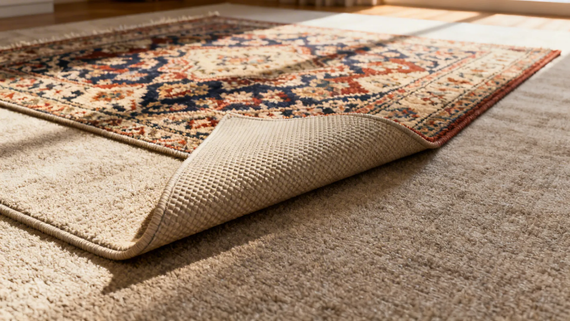 Layered rugs with a visible rug pad between them and a lifted corner showing cushioning.
