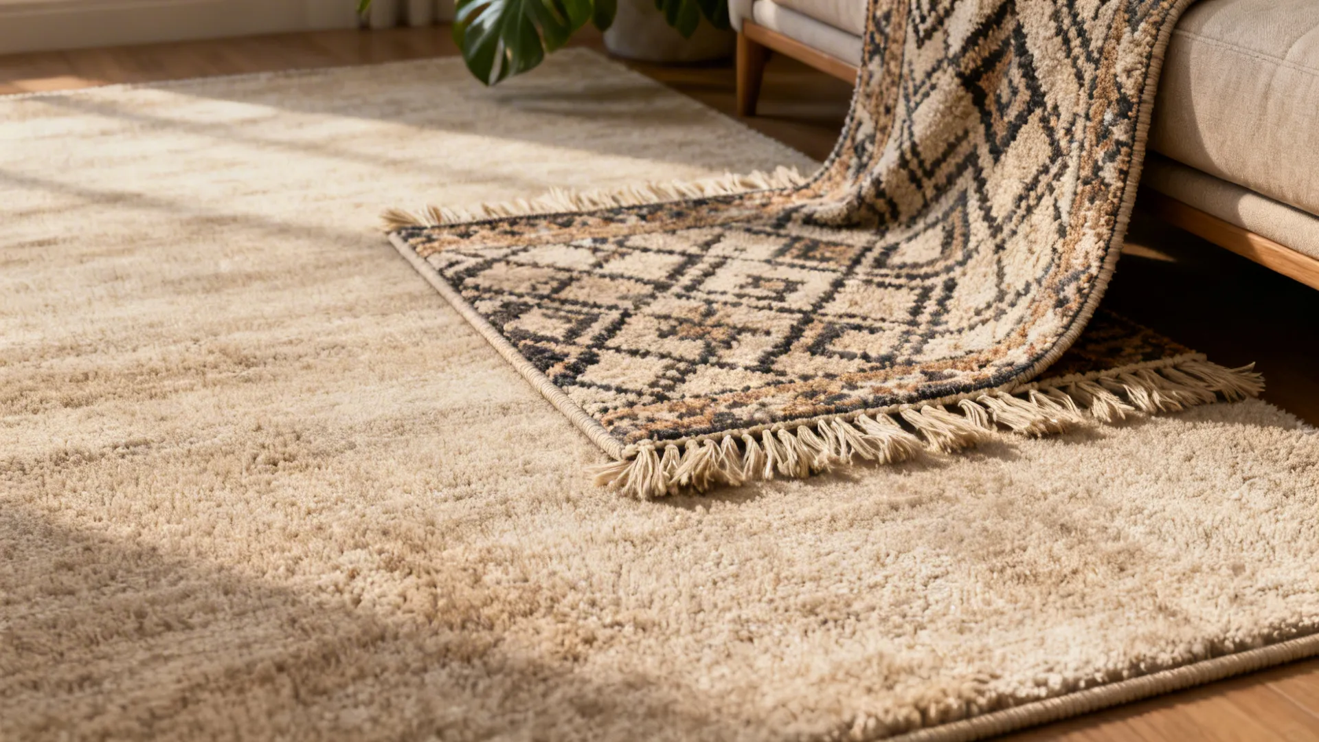 Layered rugs: a smaller patterned rug on top of a larger neutral rug showing texture contrast