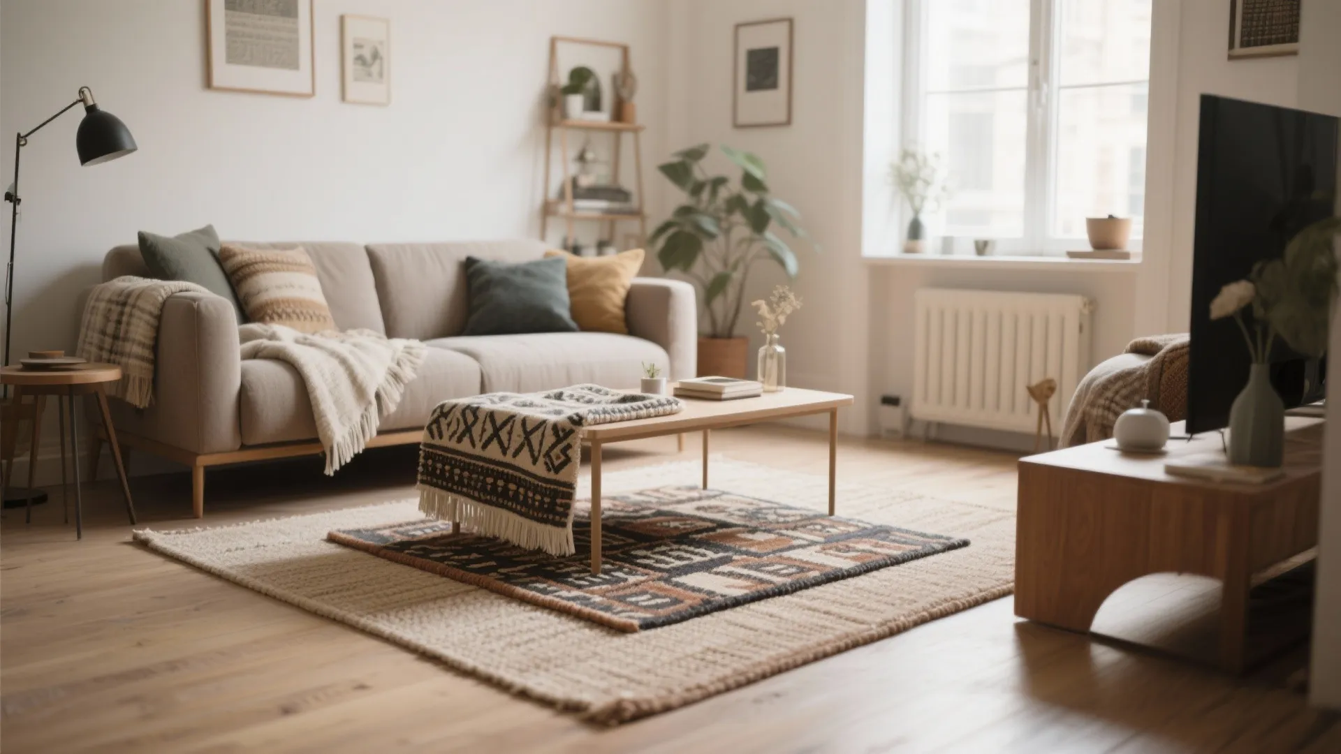 Living room with beige sofa layered rugs wooden coffee table black floor lamp and plants