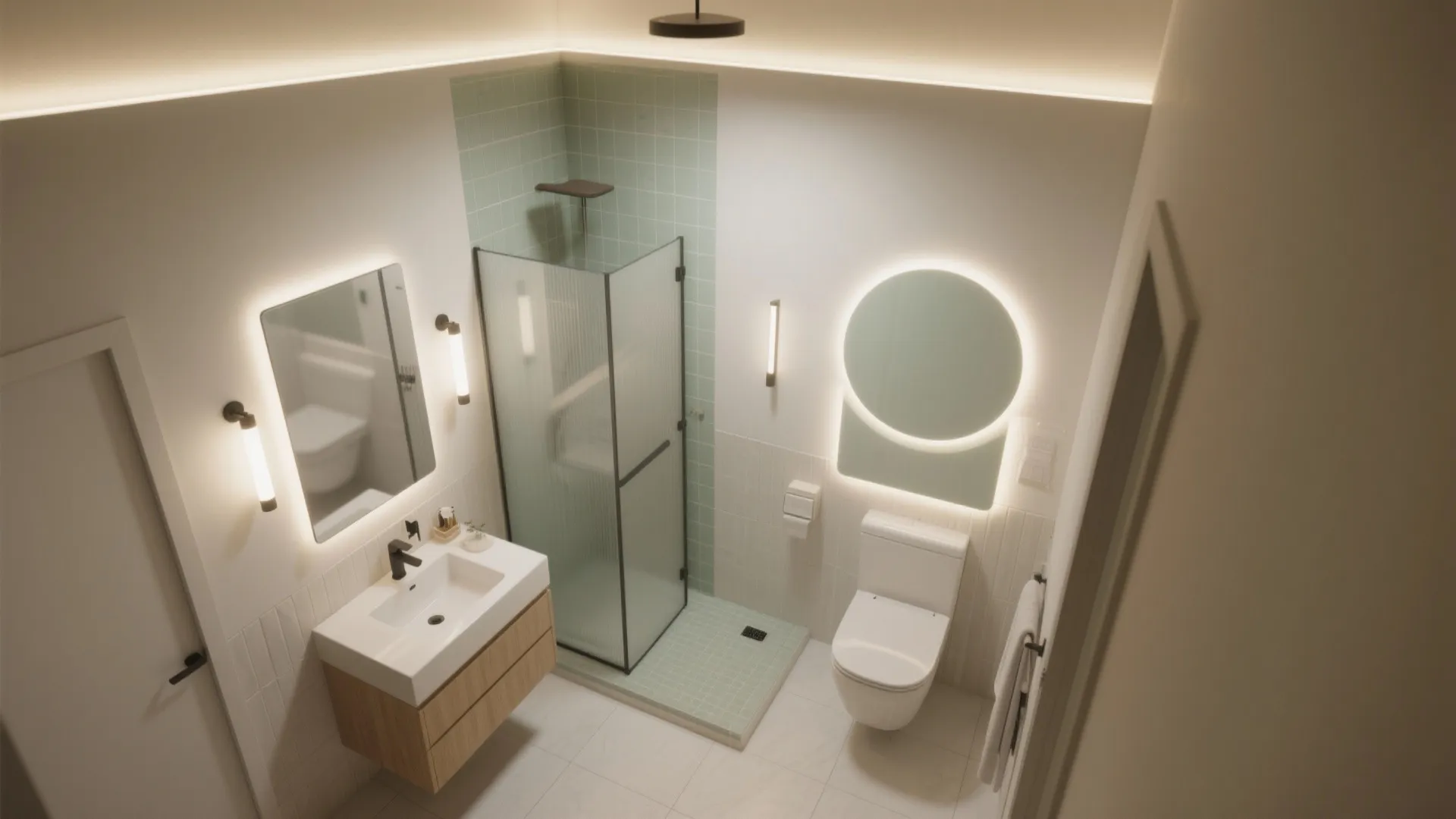 Modern bathroom with white toilet glass shower wood cabinet sink mirrors and wall light fixtures