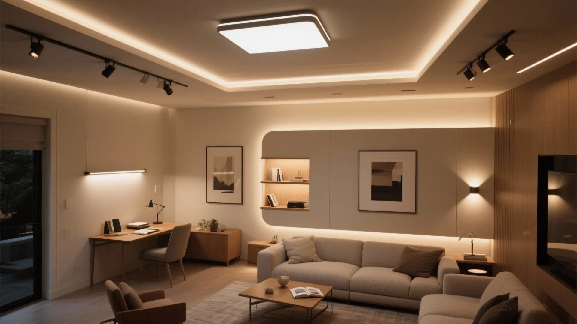 Modern living room with warm lighting from ceiling light track lights wall lights and hidden strips