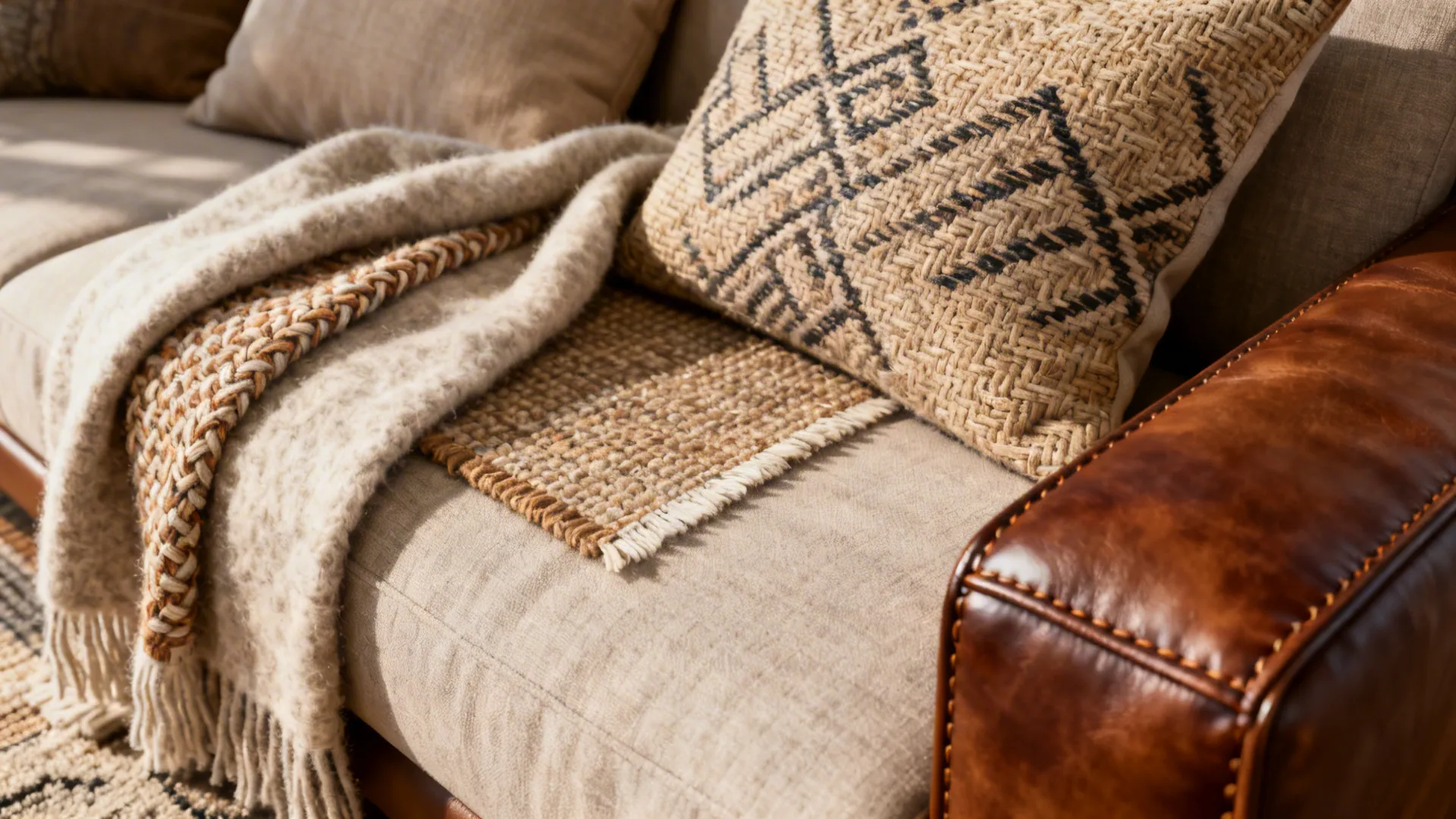 Close-up of cushions, throws, and rug unifying leather and fabric seating