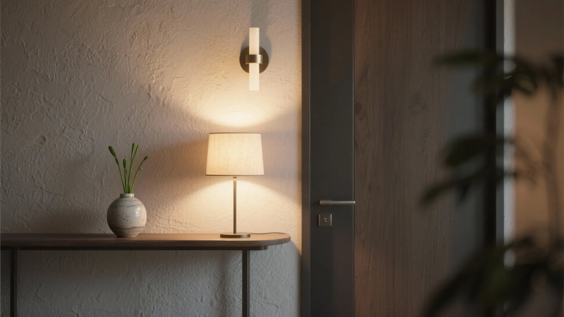 Modern wooden table with round vase and table lamp beside wall light and dark door