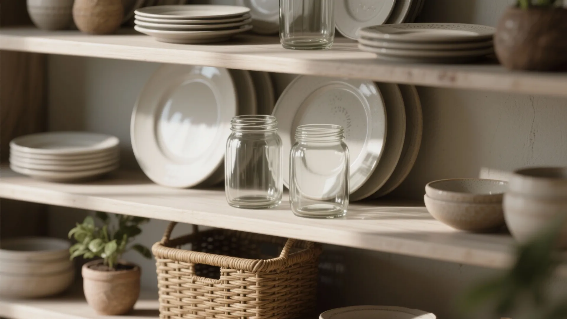Wooden kitchen shelves displaying ceramic plates glass jars small green plant and a woven basket