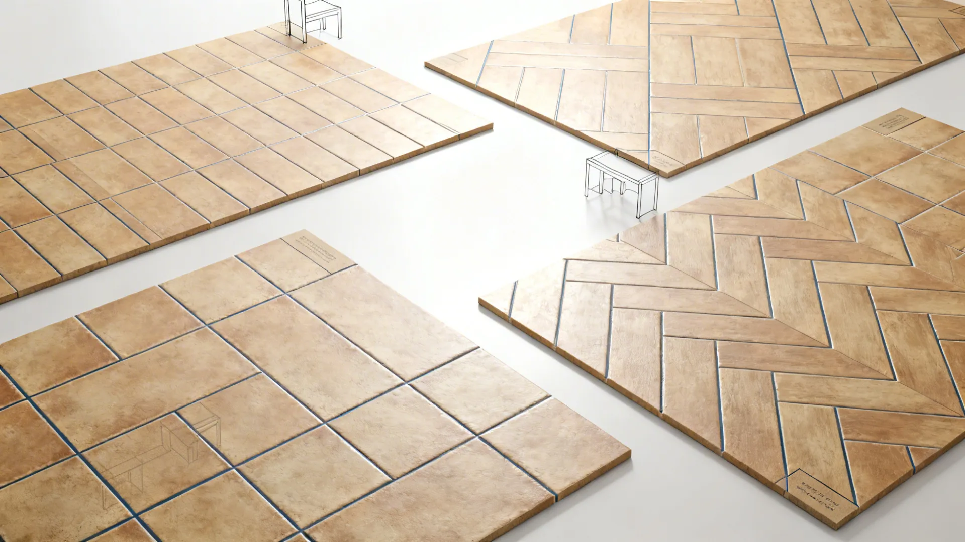 Top-down view comparing straight, herringbone, chevron, and diagonal tile layouts.