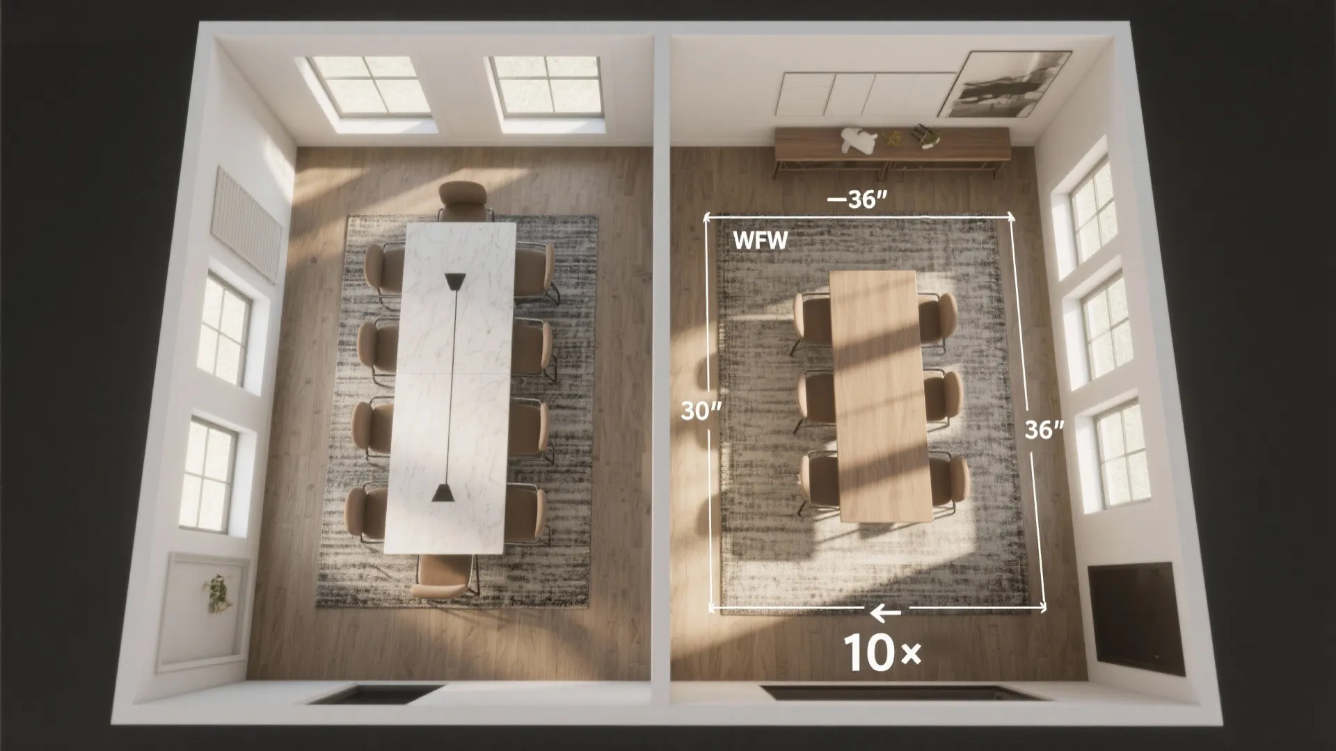 Top view interior design drawing showing two dining rooms with tables rugs and size measurements