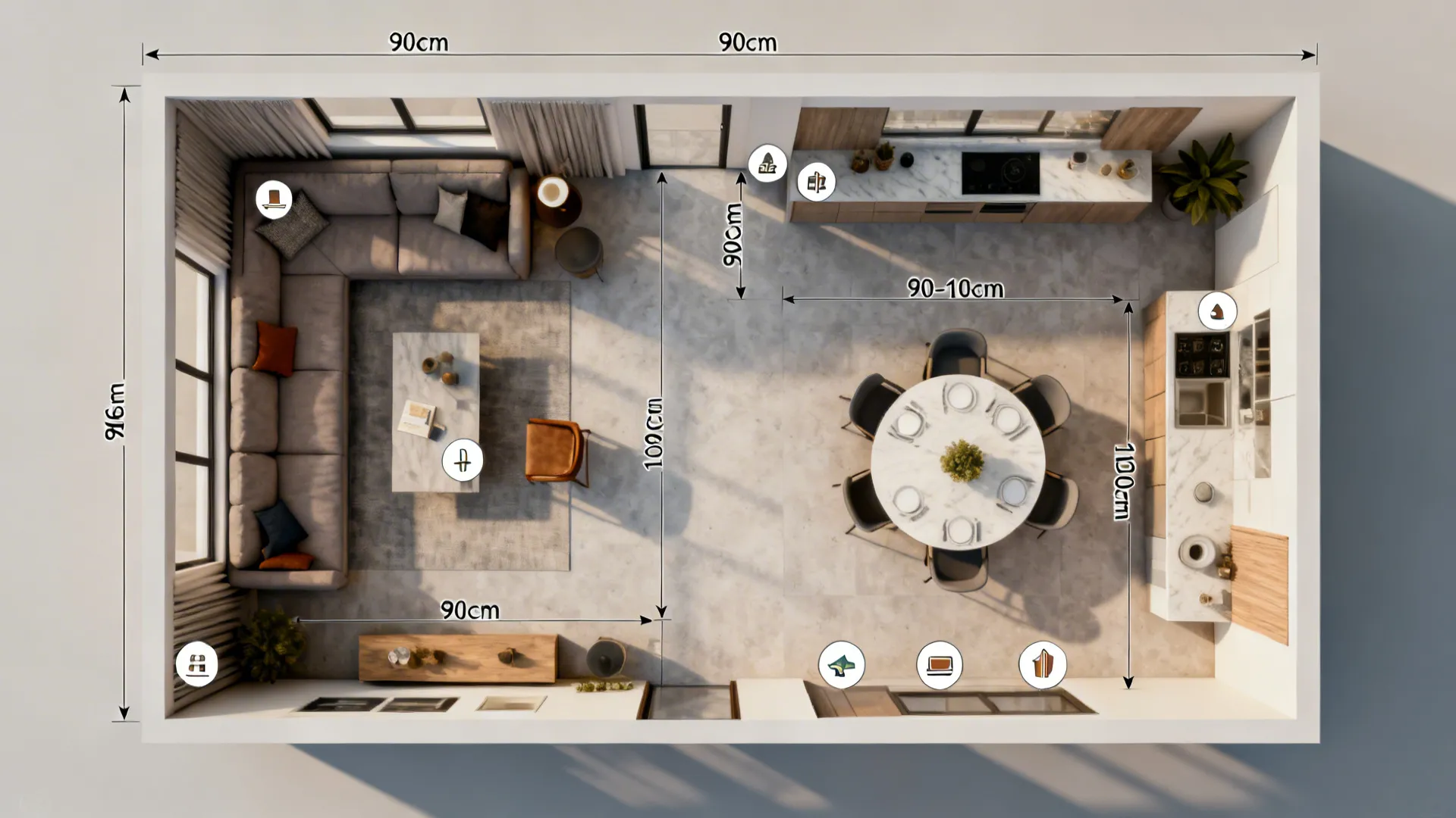 Top-down 3D floor-planner style view showing spacing guidelines for a living-dining combo