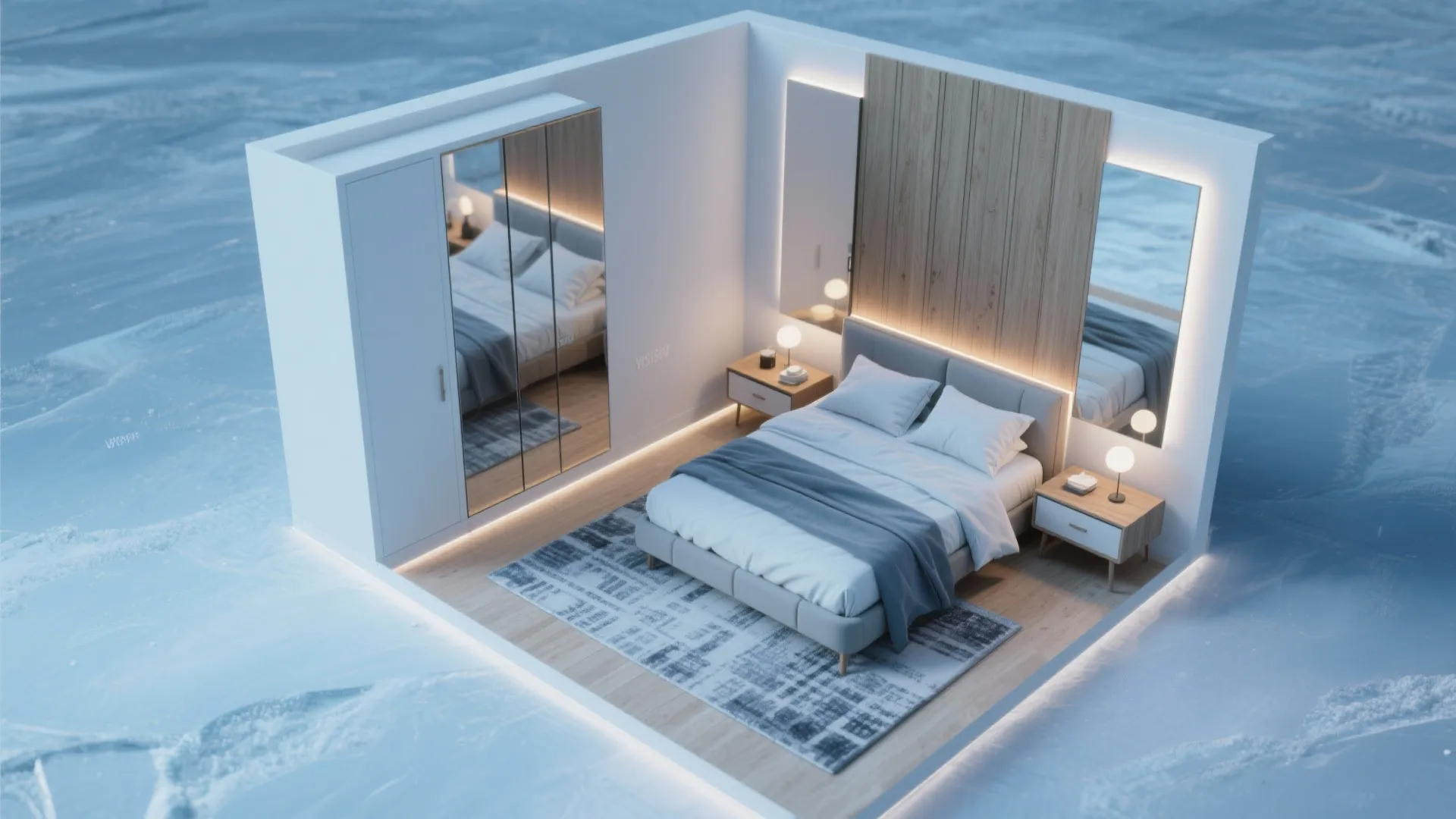 Modern bedroom interior design drawing with bed, wooden wall panel, mirrors, cabinet, and table lights