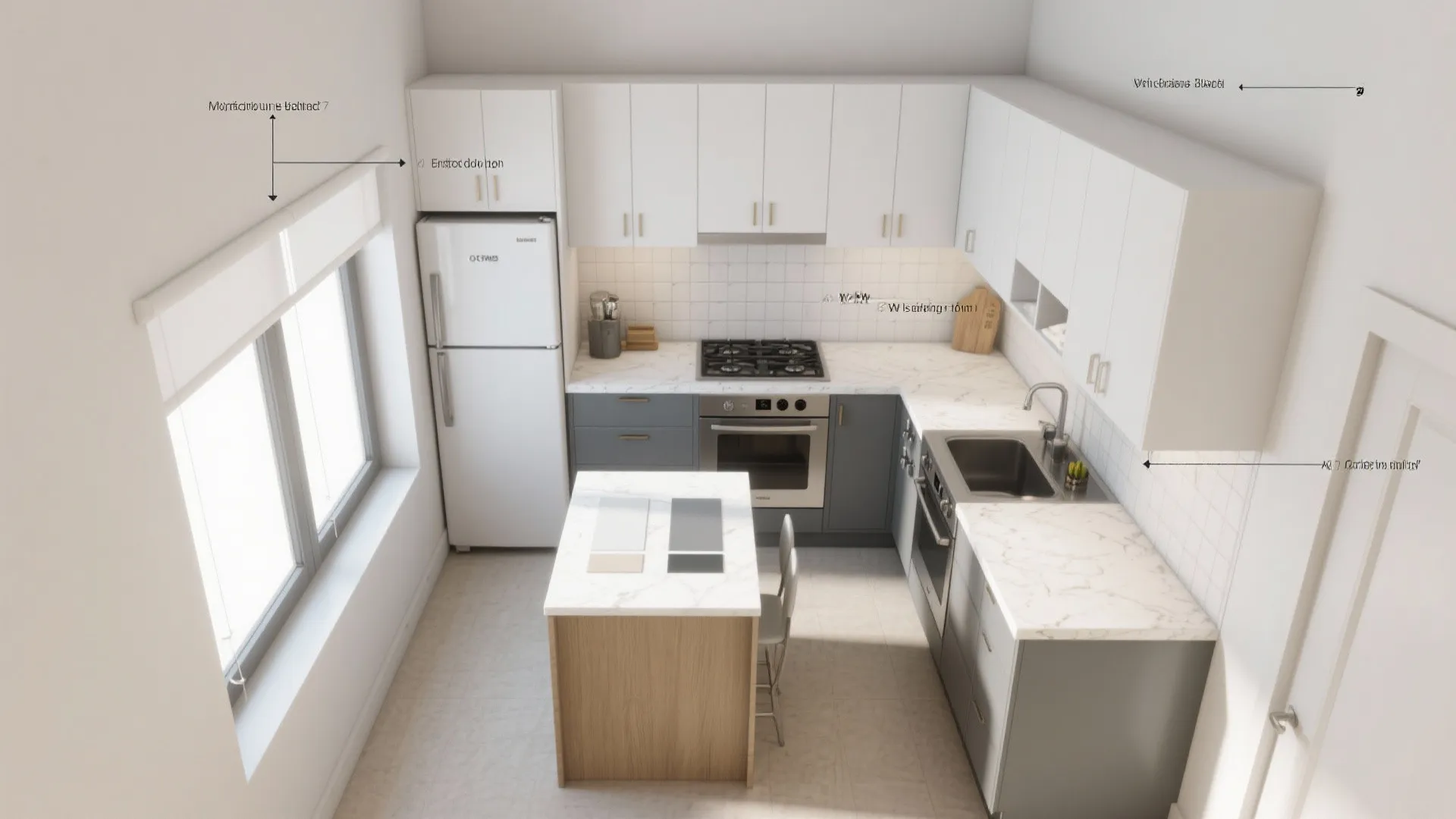 Top-down 3D layout mockup of a galley kitchen with grey lowers and white uppers and material swatches.