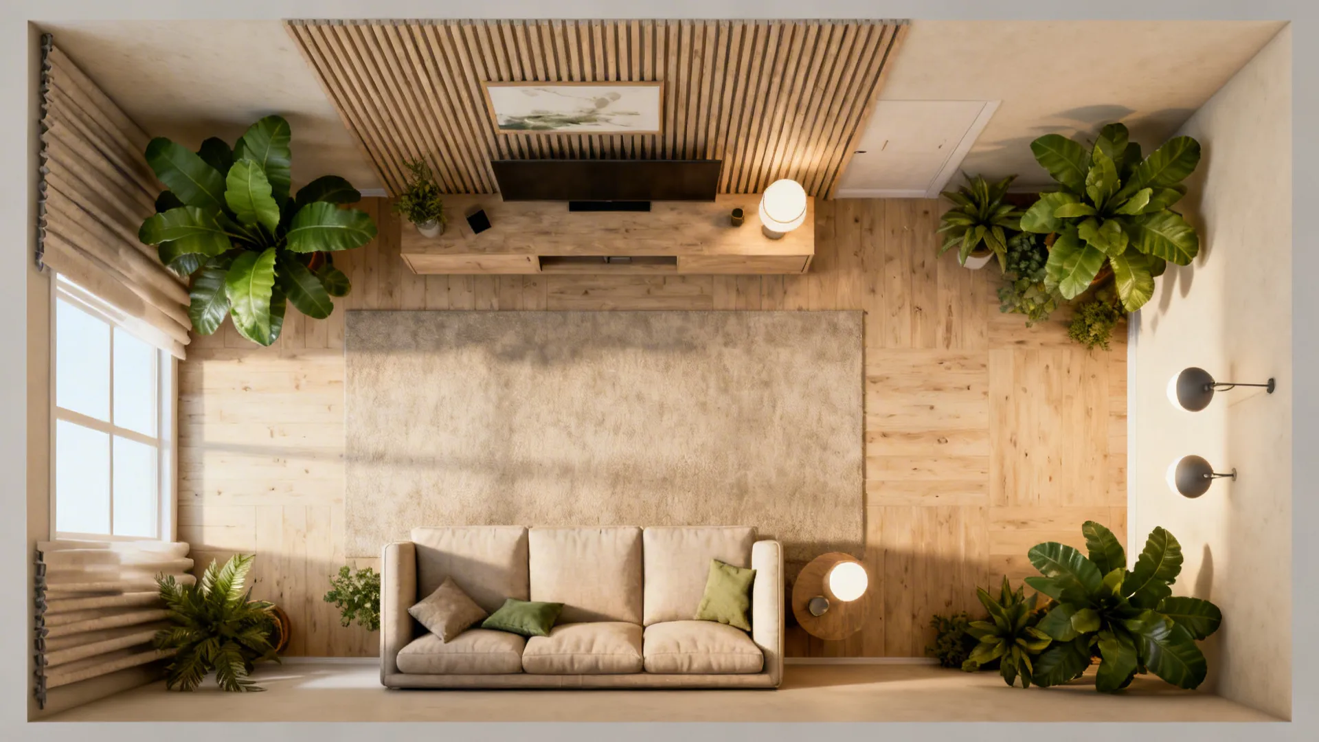 Top-down layout diagram illustrating a 60-30-10 color balance for a living room.