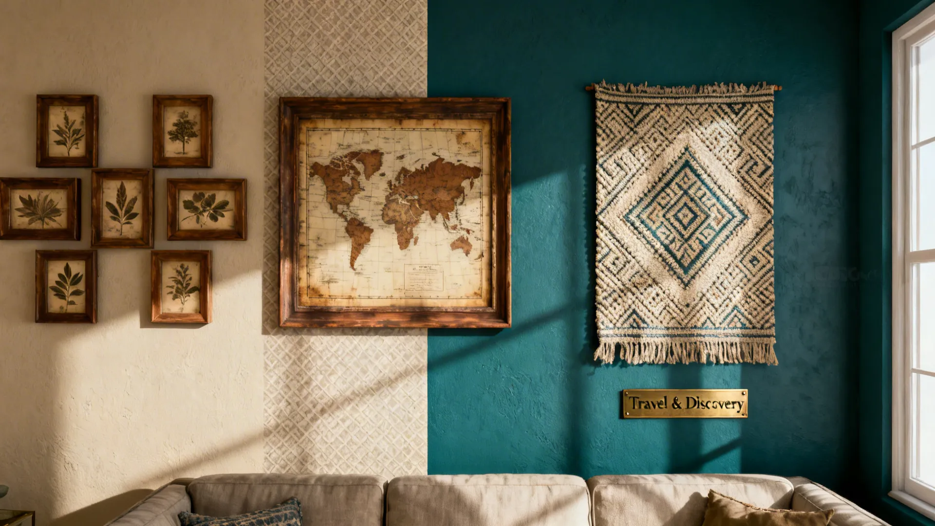 Top-down layout visualizing the 60-30-10 rule for vintage wall art in a small living room.